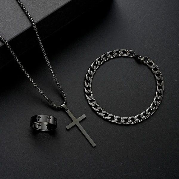 3 Piece Set Men's Stainless Steel.Necklace Bracelet Ring Jewelry Set Black