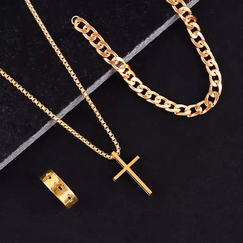 3 Piece Set Men's Stainless Steel.Necklace Bracelet Ring Jewelry Set Gold