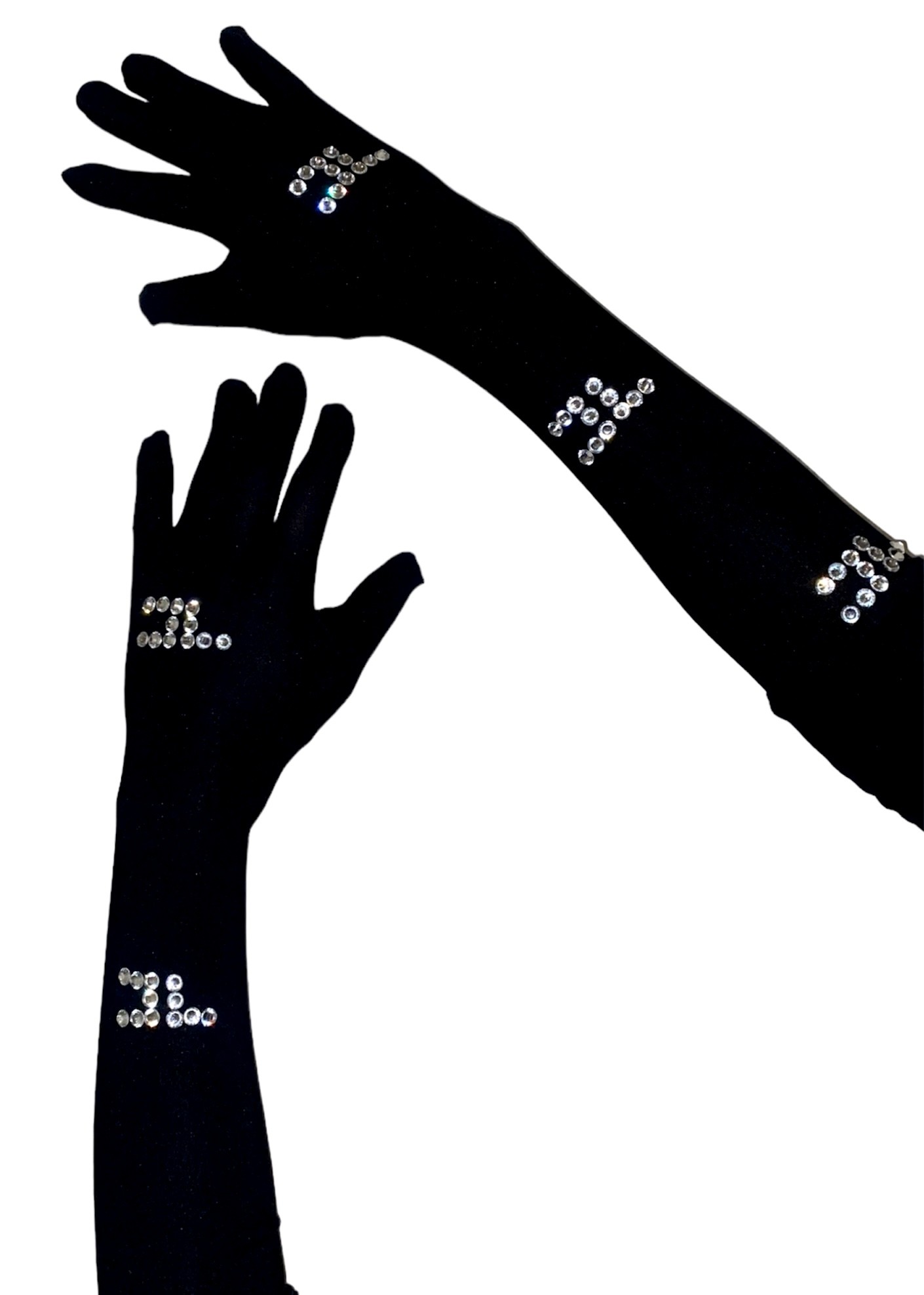 Black gloves with TC logo in silver rhinestones 