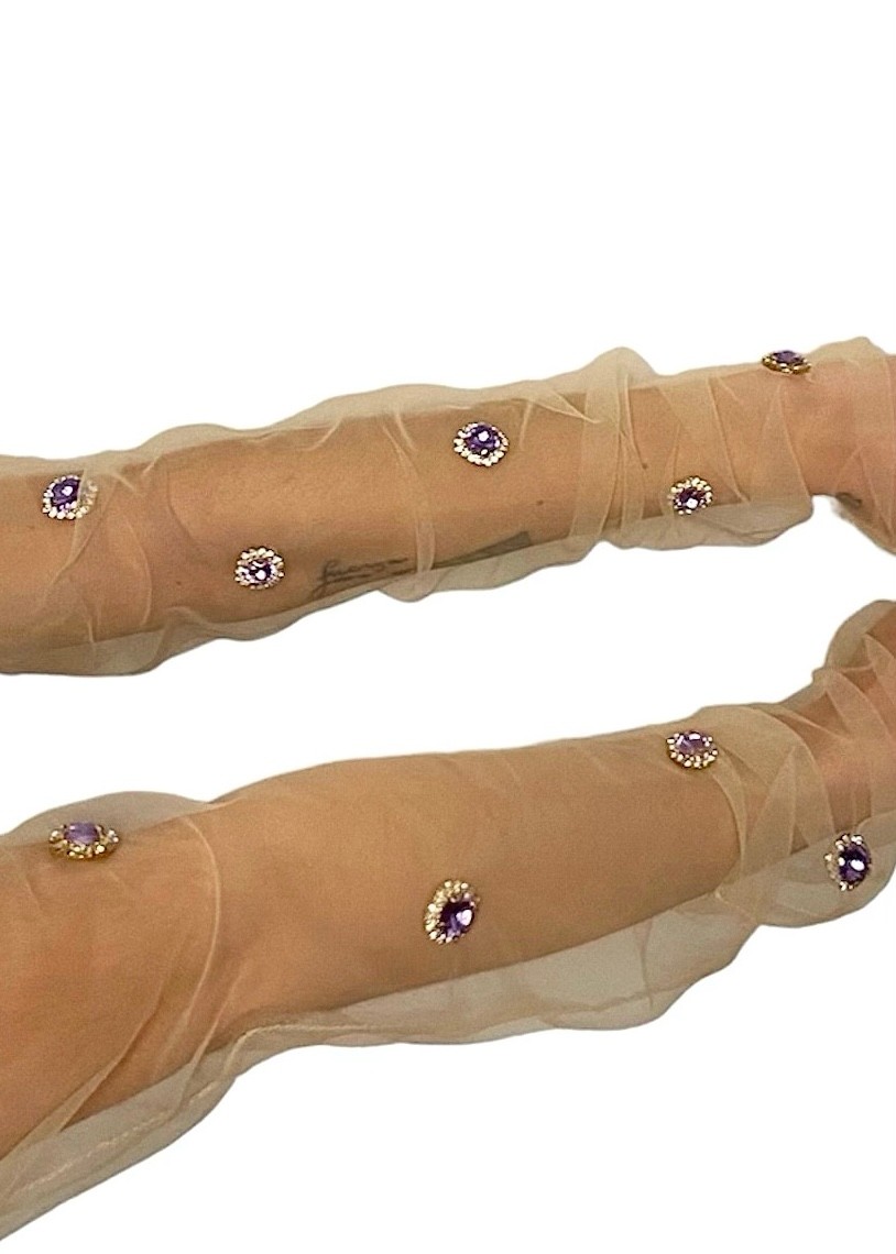 Transparent beige gloves with lilac rhinestones 