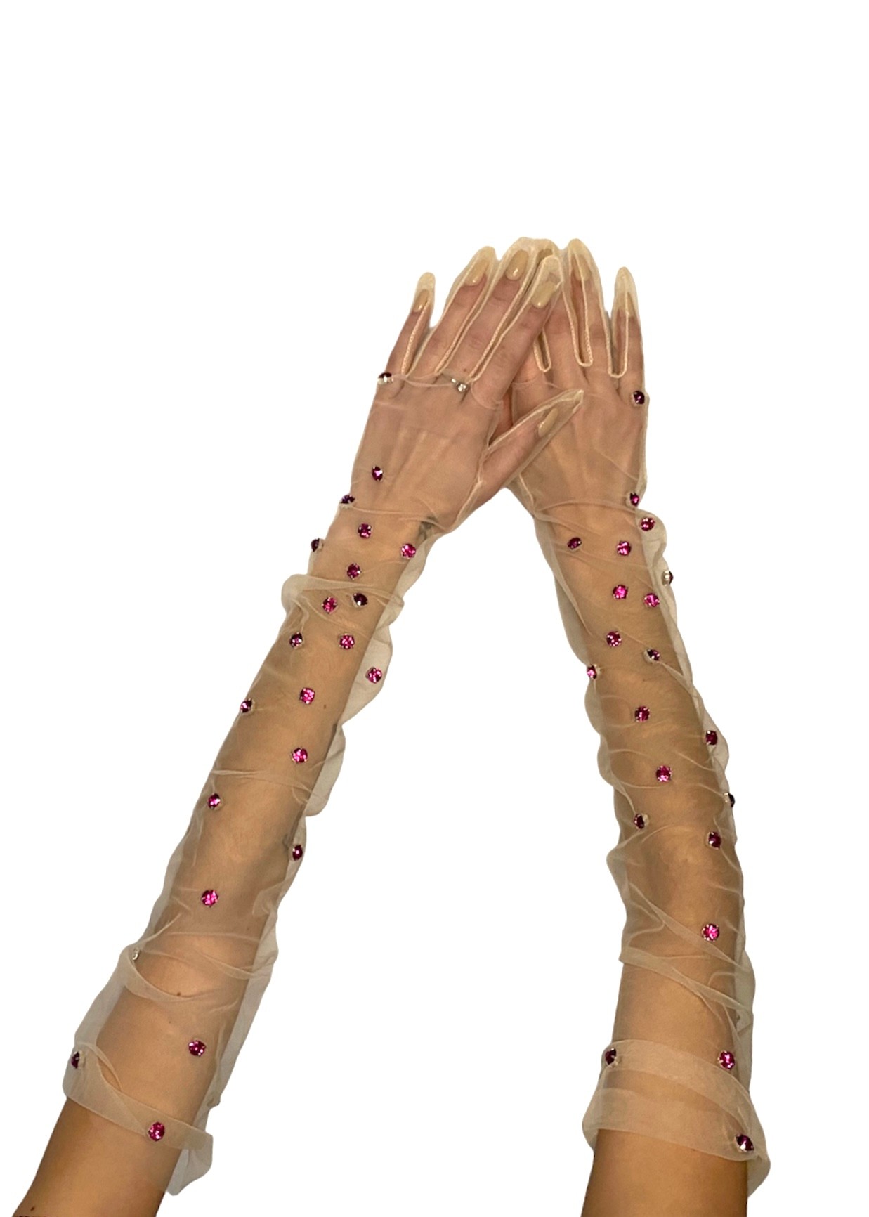 Beige gloves with pink rhinestones 