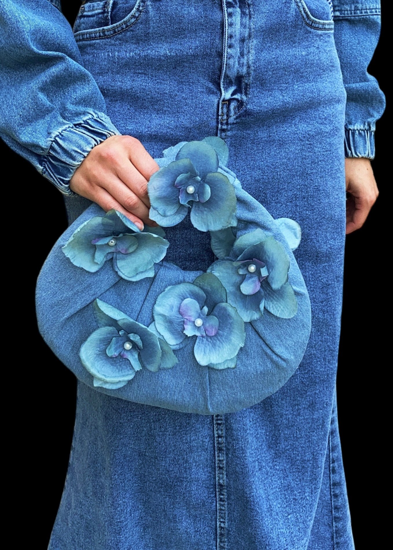 Denim handbag with monochrome orchid flowers and pearls 