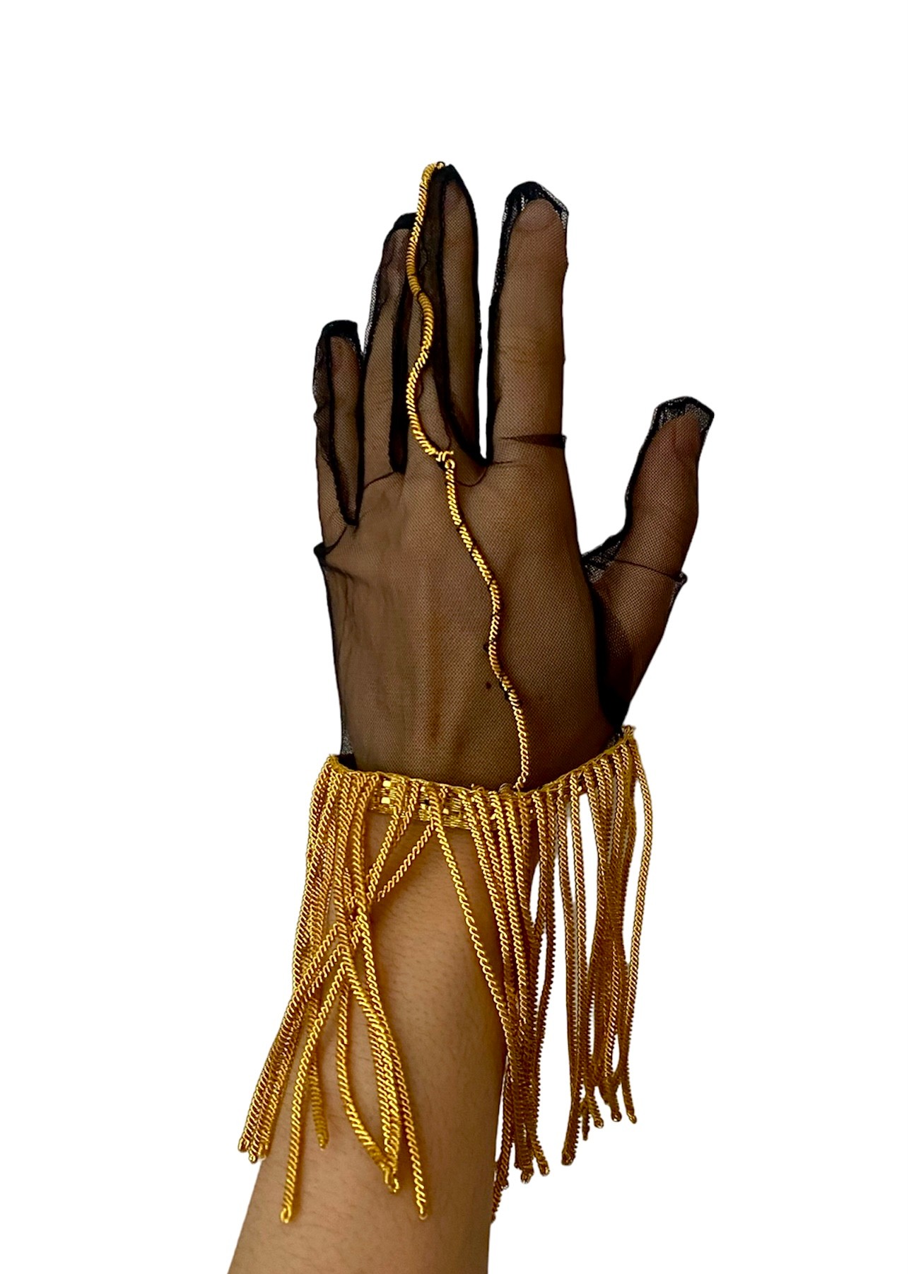 Gold-plated hand embroidered gloves on black tulle 
