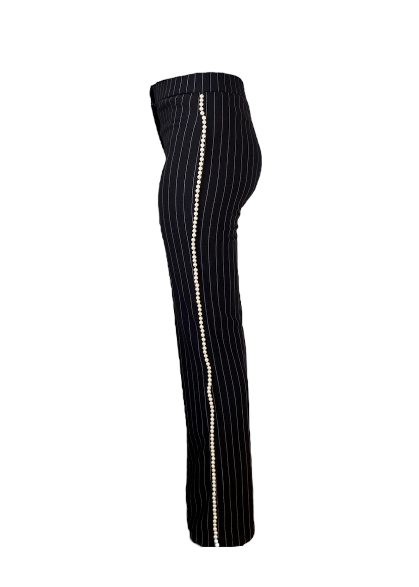 Black & White striped pants with pearl details on the sides and button 