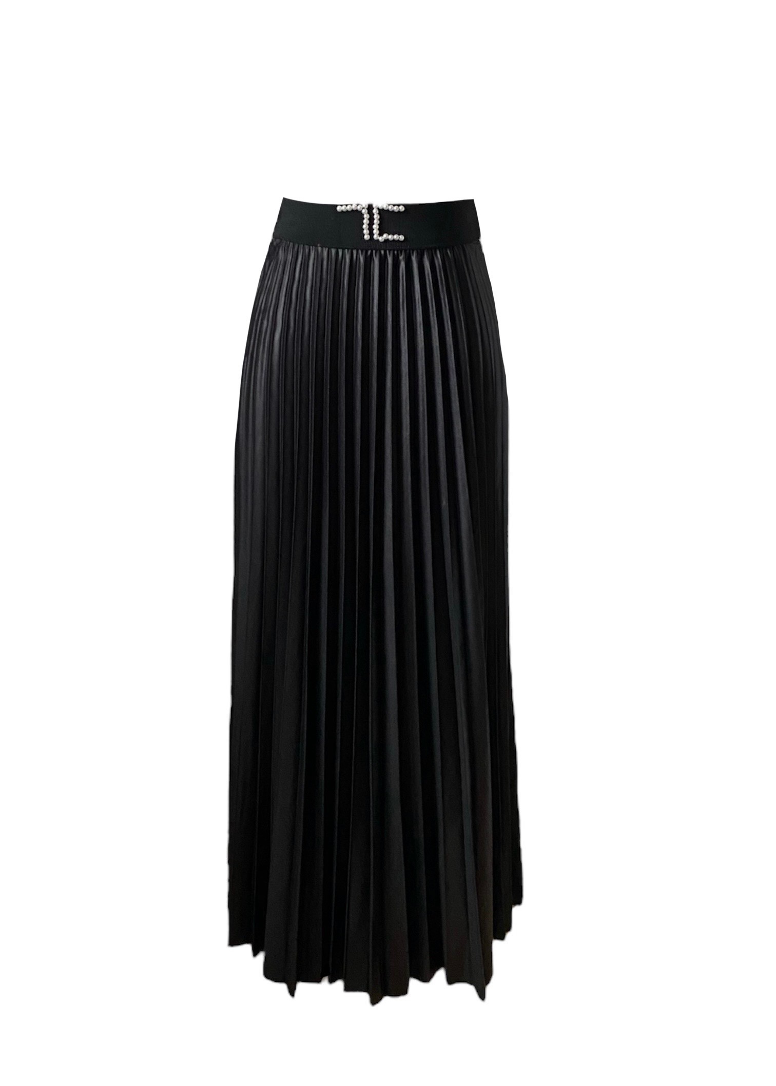 Black faux leather pleated skirt with the logo in pearls 