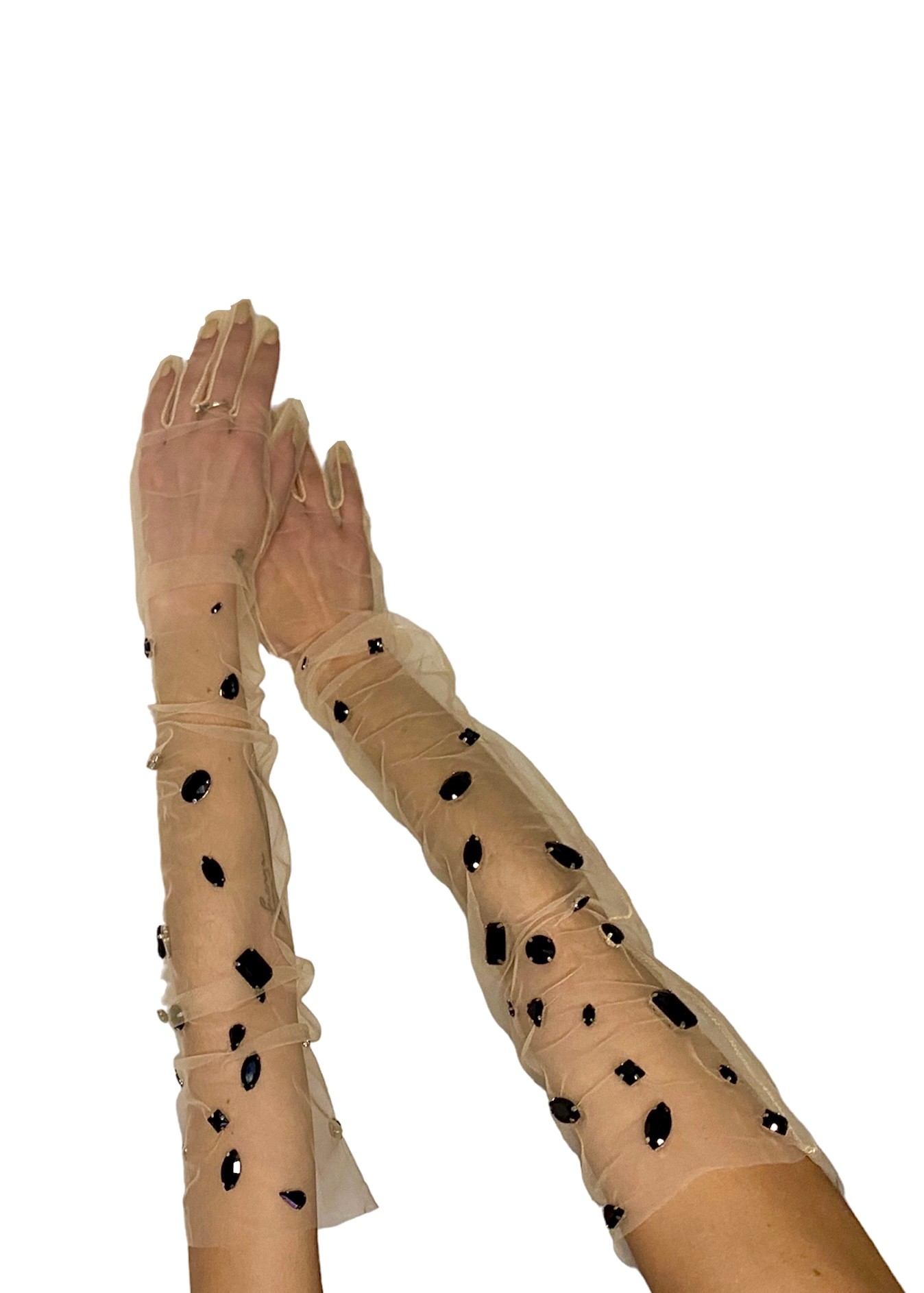 Transparent beige gloves with black rhinestones 