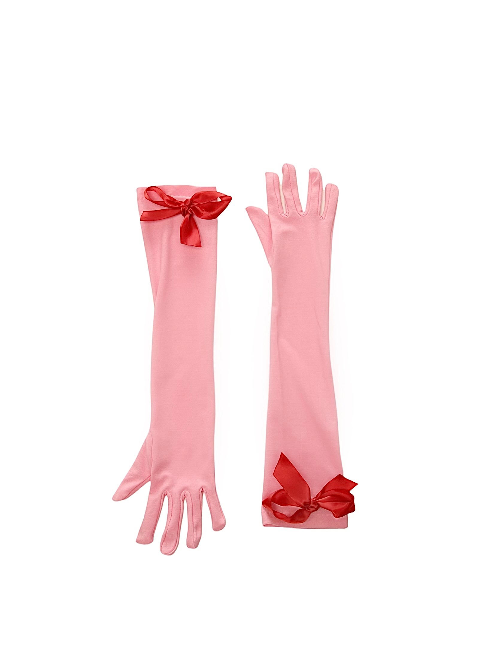 pink gloves with red bow 