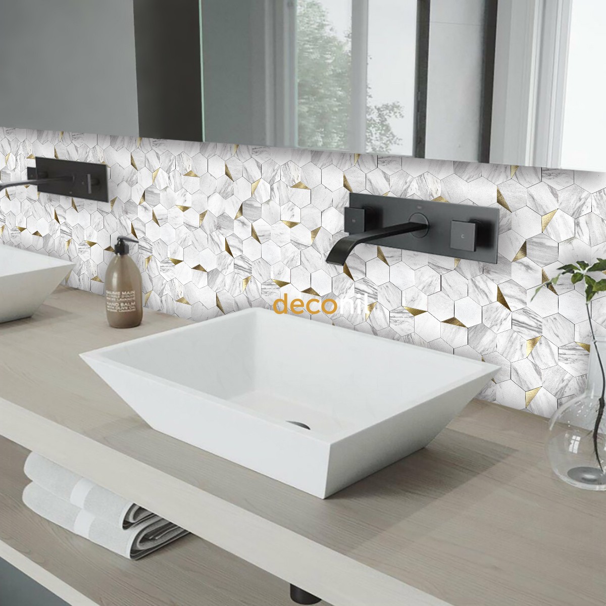 Selbstklebende Mosaikfliese Hexagon Weiß Gold 29*28 cm (10 Stück)