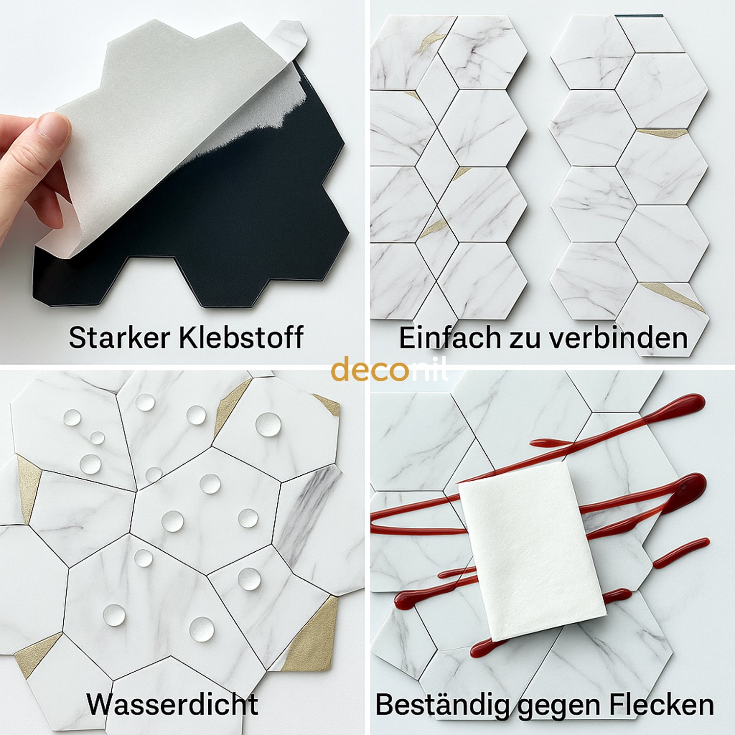 Selbstklebende Mosaikfliese Hexagon Weiß Gold 29*28 cm (10 Stück)