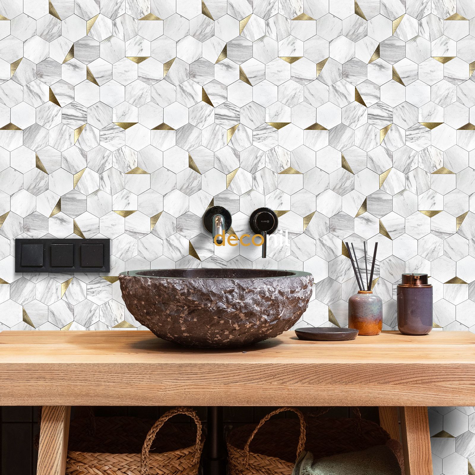 Selbstklebende Mosaikfliese Hexagon Weiß Gold 29*28 cm (10 Stück)