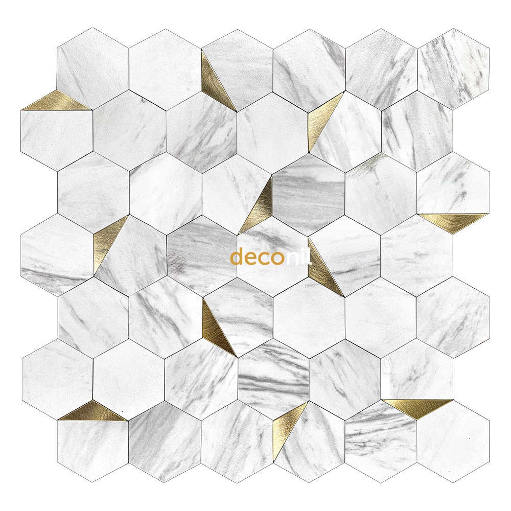 Selbstklebende Mosaikfliese Hexagon Weiß Gold 29*28 cm
