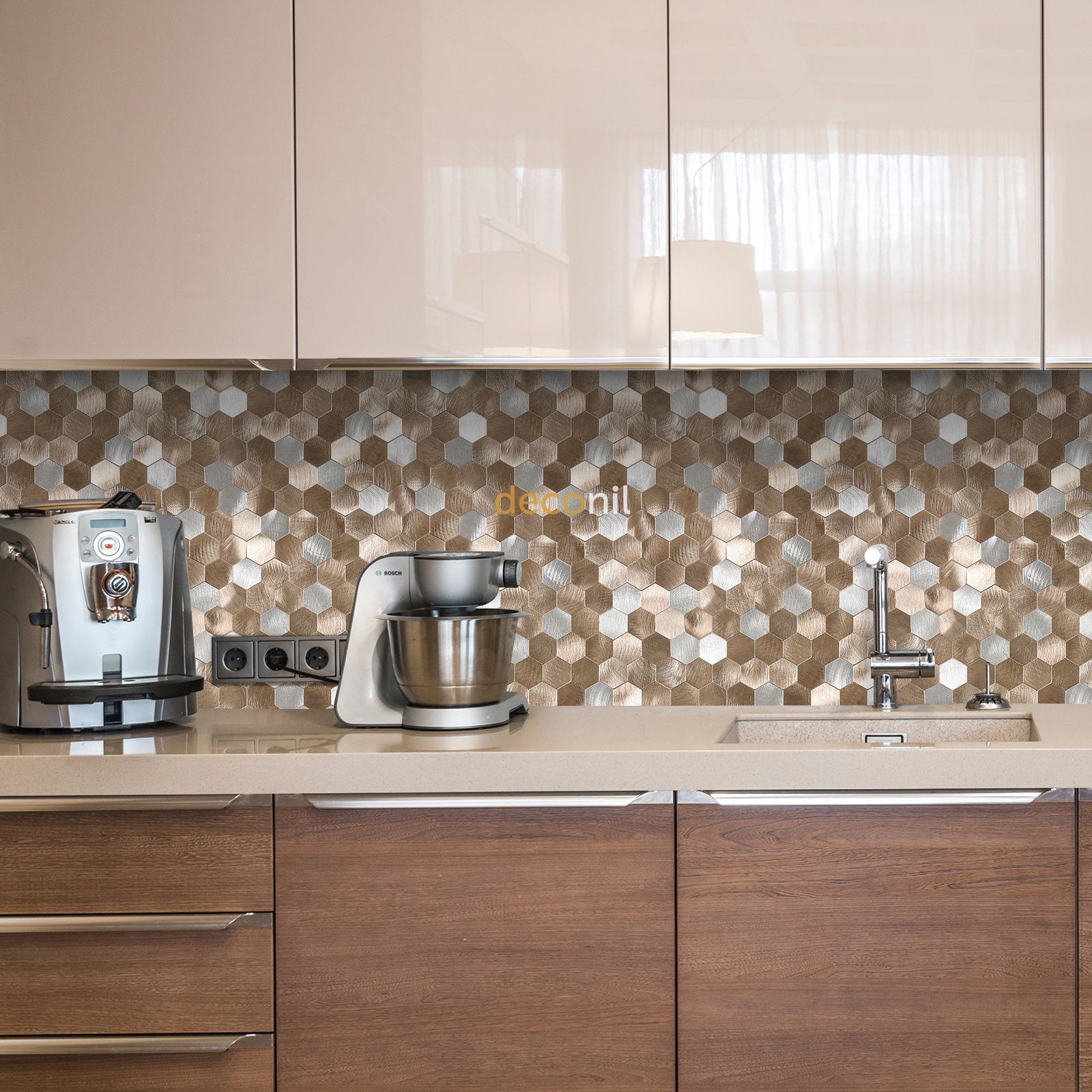 Selbstklebende Mosaikfliese Hexagon Kupfer Silber 29*28 cm