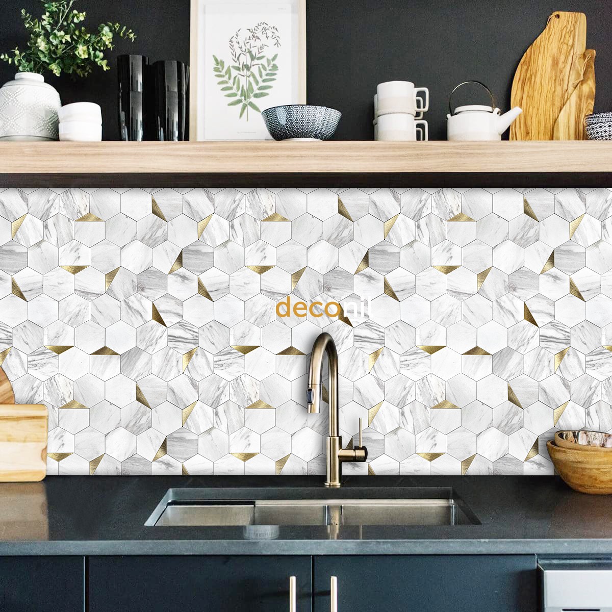 Selbstklebende Mosaikfliese Hexagon Weiß Gold 29*28 cm (10 Stück)