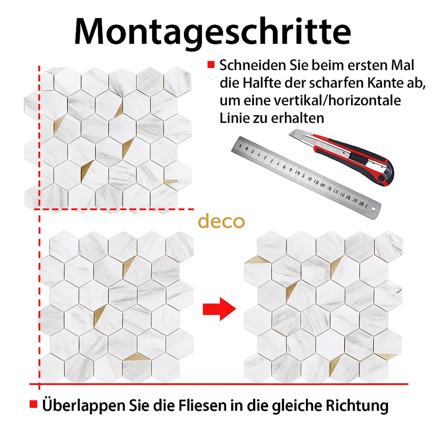 Selbstklebende Mosaikfliese Hexagon Weiß Gold 29*28 cm (10 Stück)