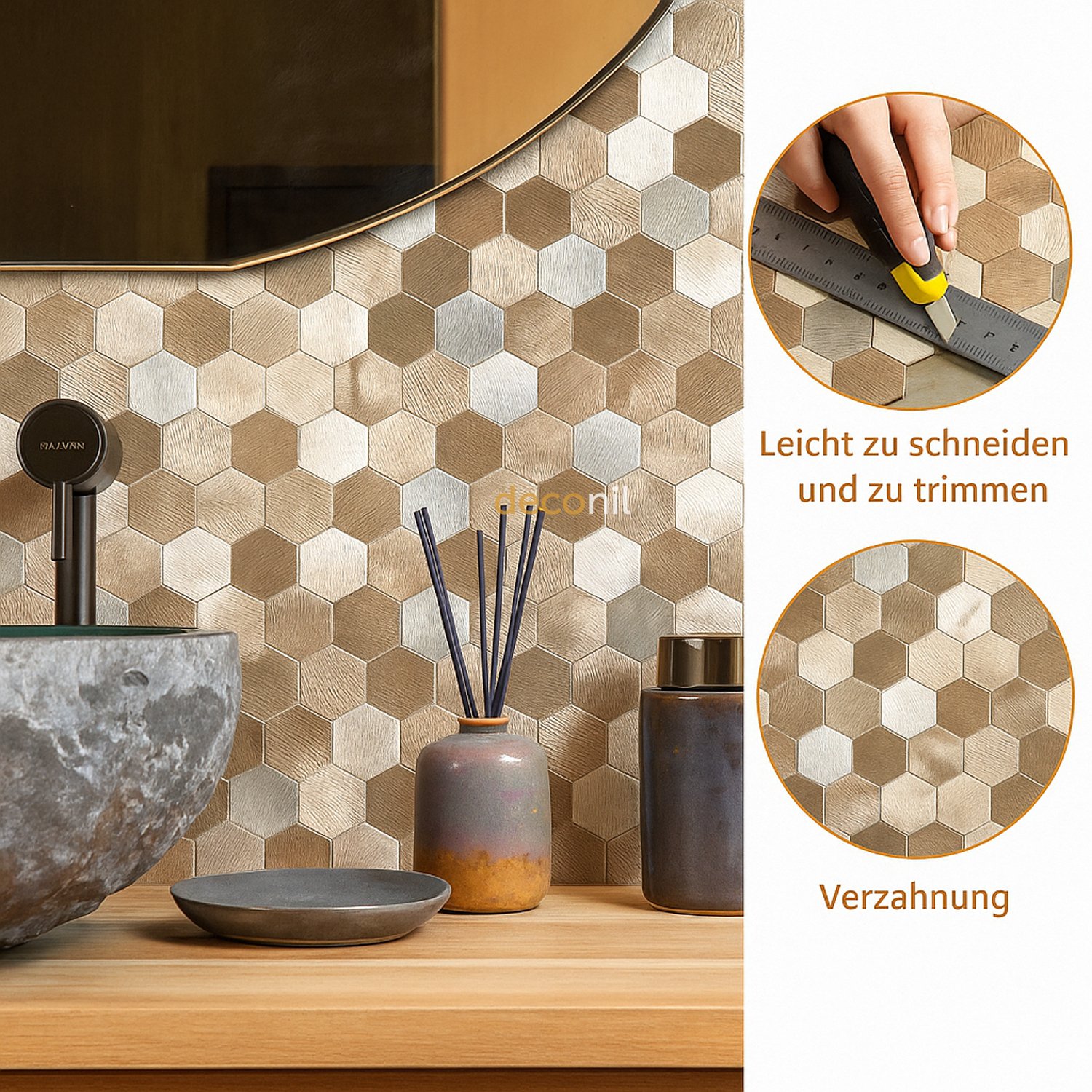 Selbstklebende Mosaikfliese Hexagon Kupfer Silber 29*28 cm