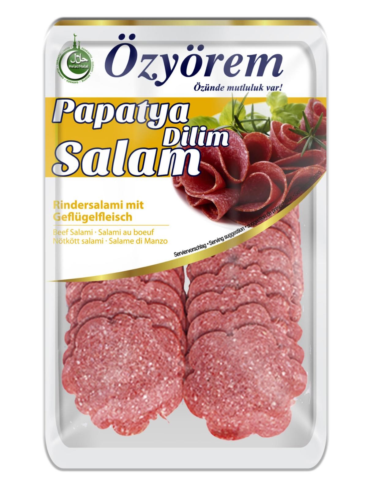 Özyörem Rindersalami mit Geflügelfleisch Geräuchert- Papatya dilim Salami 80 g