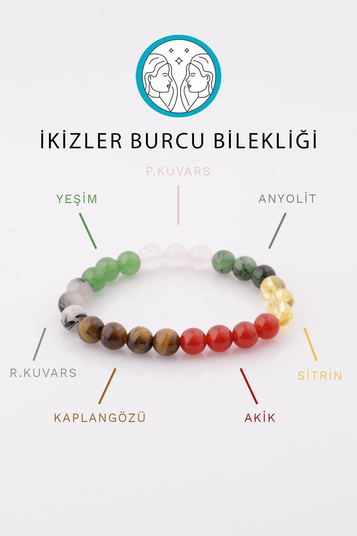 İkizler Burcu Taşlarından Oluşan Doğal Taş Bileklik - Burç Bilekliği (BLK-0353)