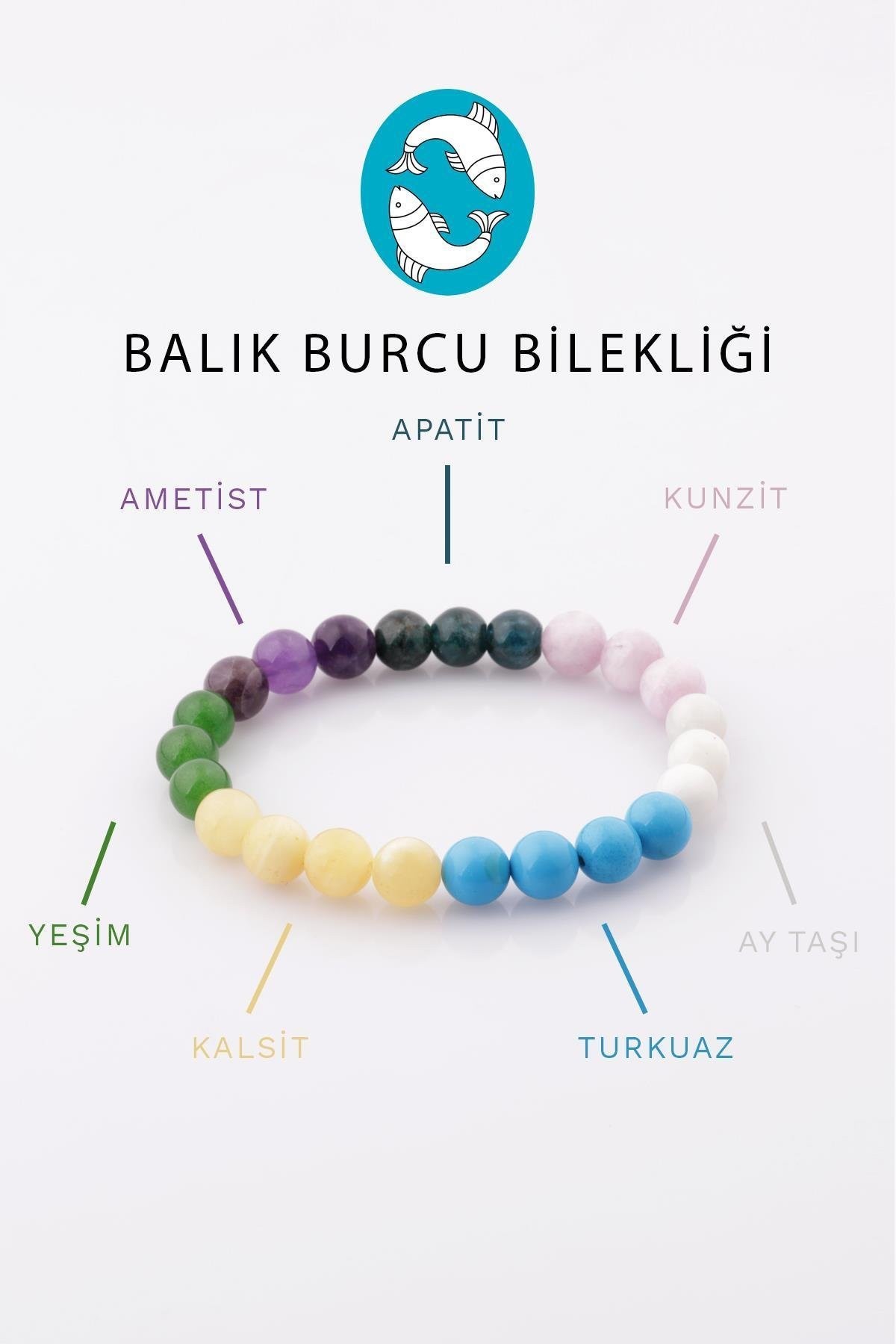 Balık Burcu Taşlarından Oluşan Doğal Taş Bileklik 8 mm Küre Kesim - Burç Bilekliği (BLK-0358)