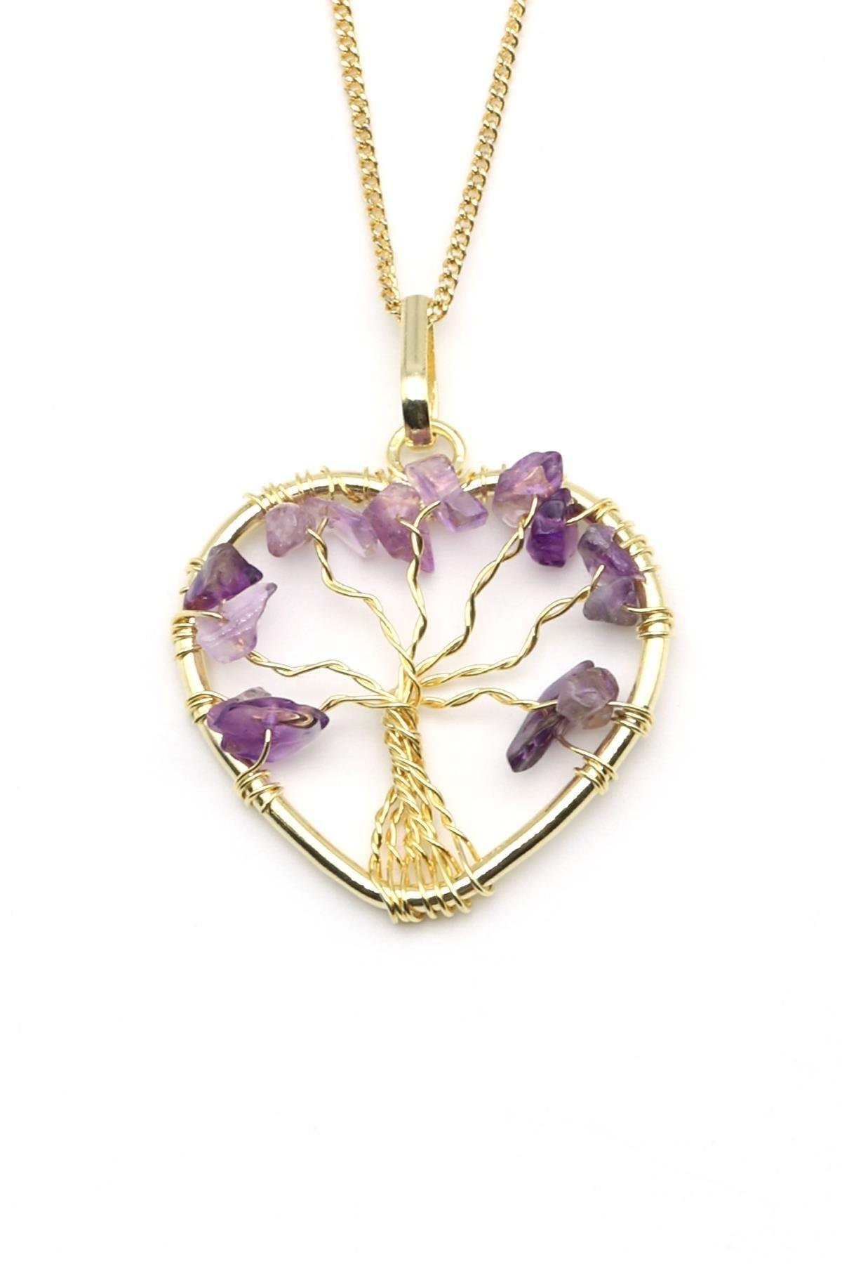 Amethyst Naturstein Wire Wrapped Baum des Lebens Herz Modell Halskette (KLY-1456)