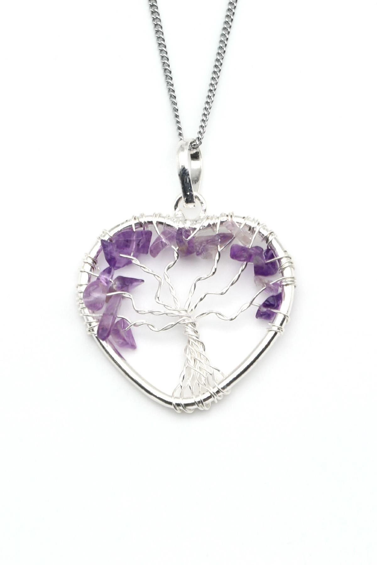 Amethyst Naturstein Wire Wrapped Baum des Lebens Herz Modell Halskette (KLY-1468)