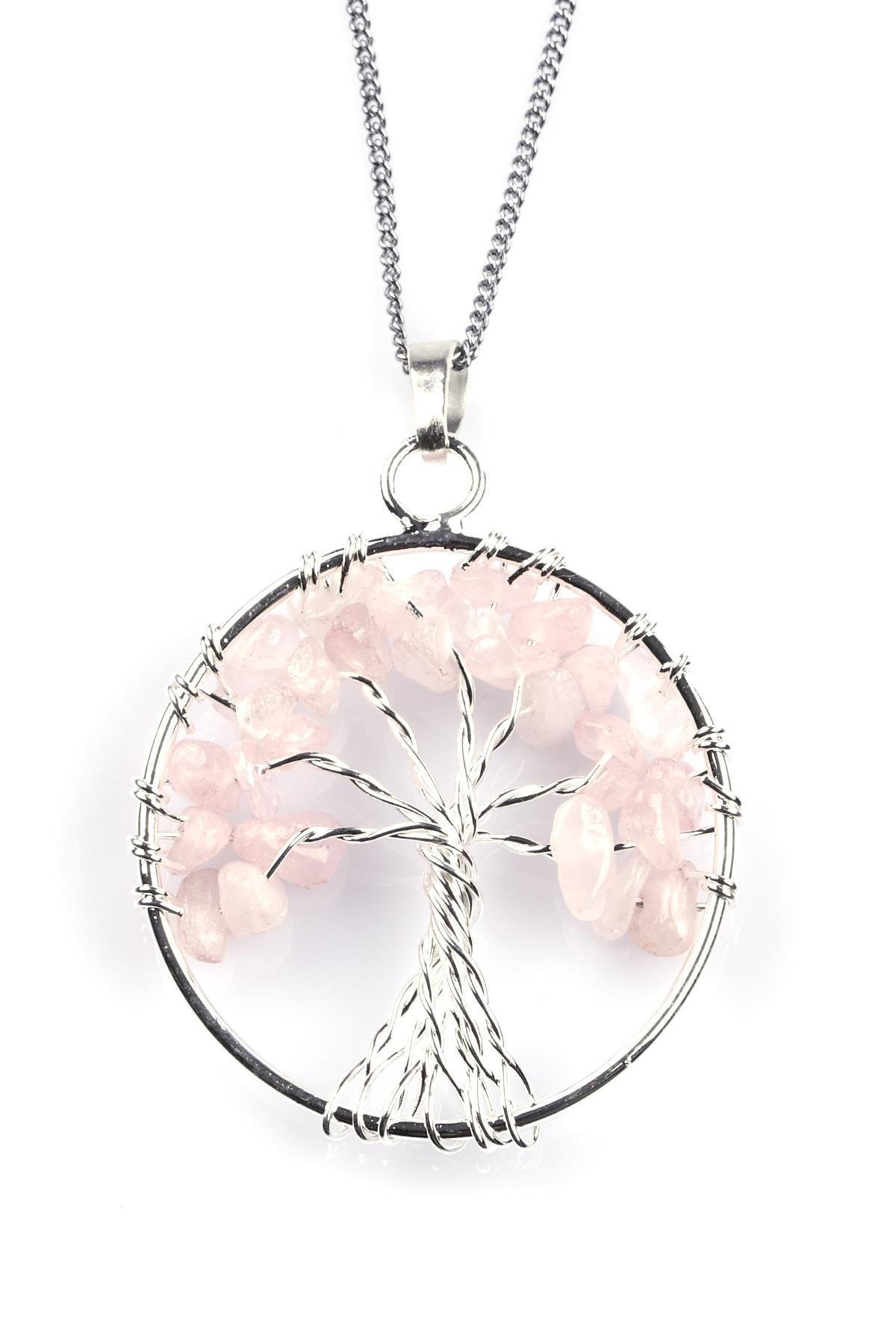 Rosa Quarz Naturstein Baum des Lebens Wire Wrapped Halskette (KLY-530)