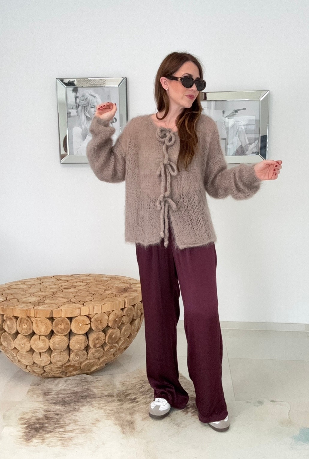 Mohair Cardigan mit Schleifen - Taupe