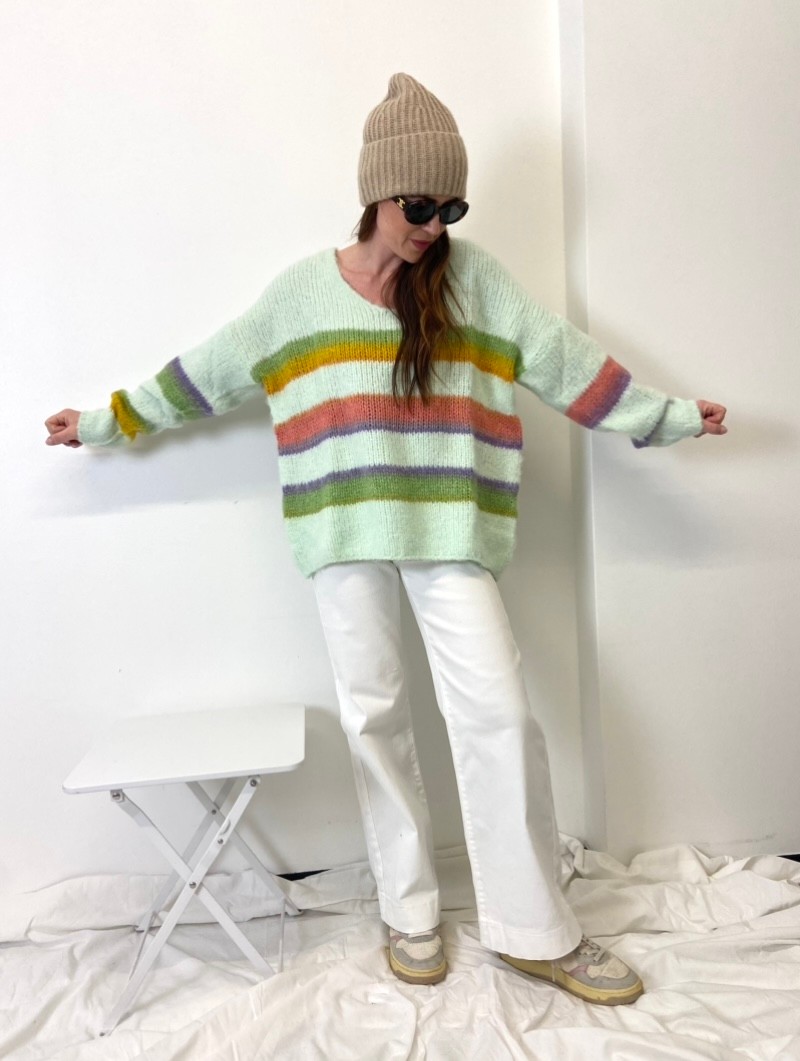 Pullover gebrushed mit multicolour Stripes - Mint