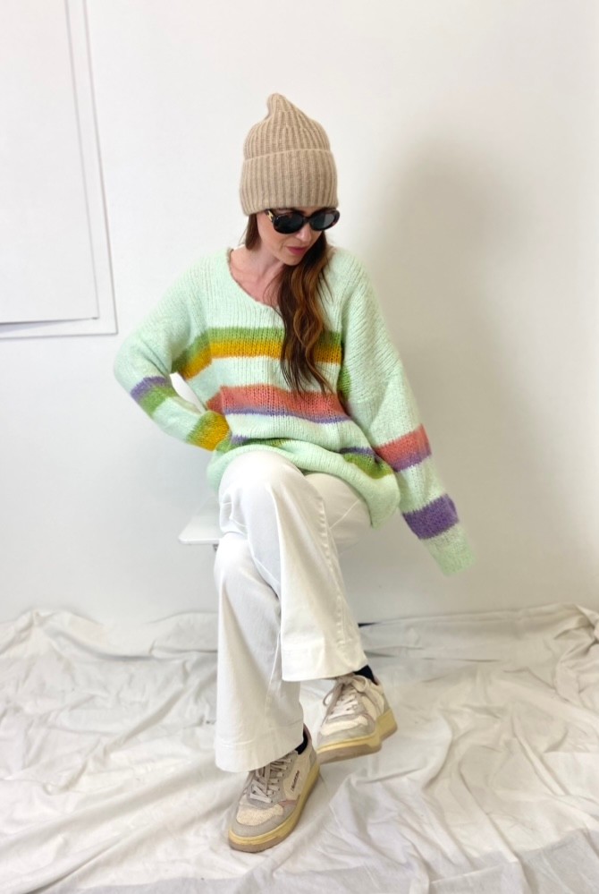 Pullover gebrushed mit multicolour Stripes - Mint