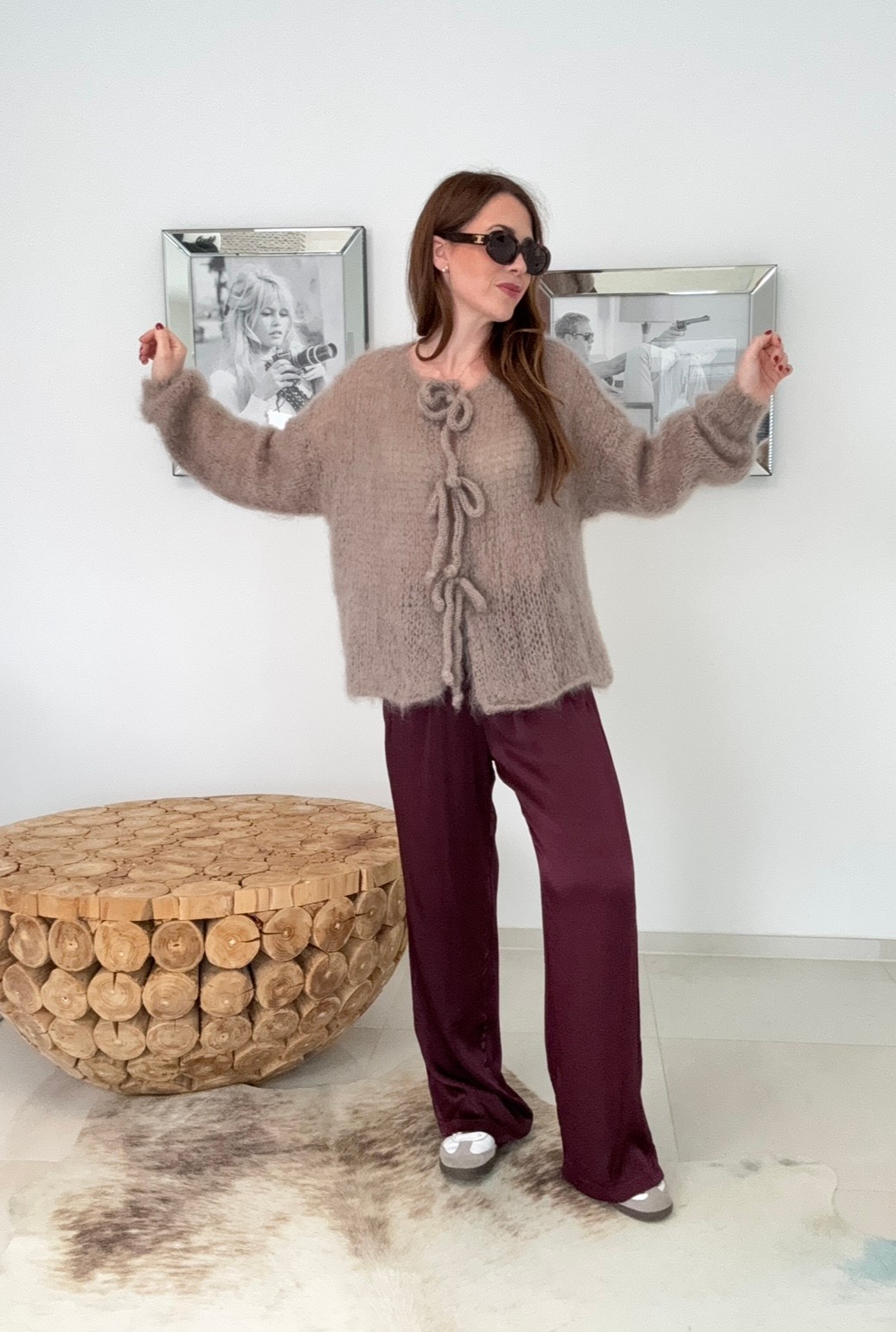 Mohair Cardigan mit Schleifen - Taupe