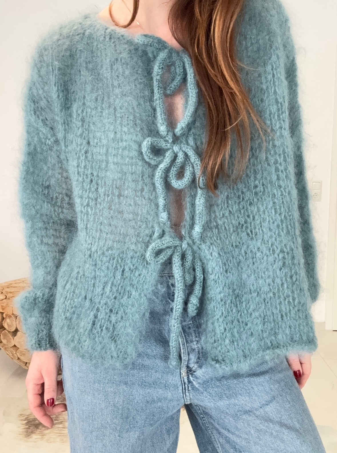 Mohair Cardigan mit Schleifen - Türkis