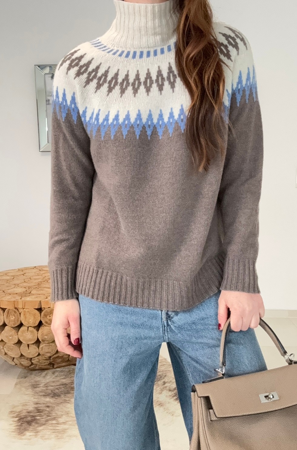 Rollkragenpullover mit Print - Taupe