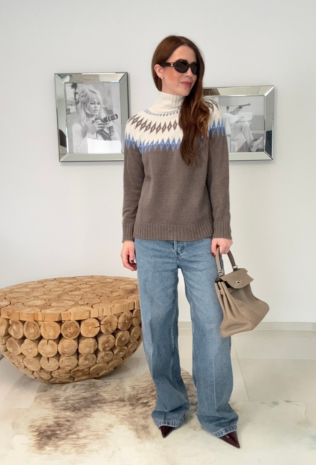 Rollkragenpullover mit Print - Taupe