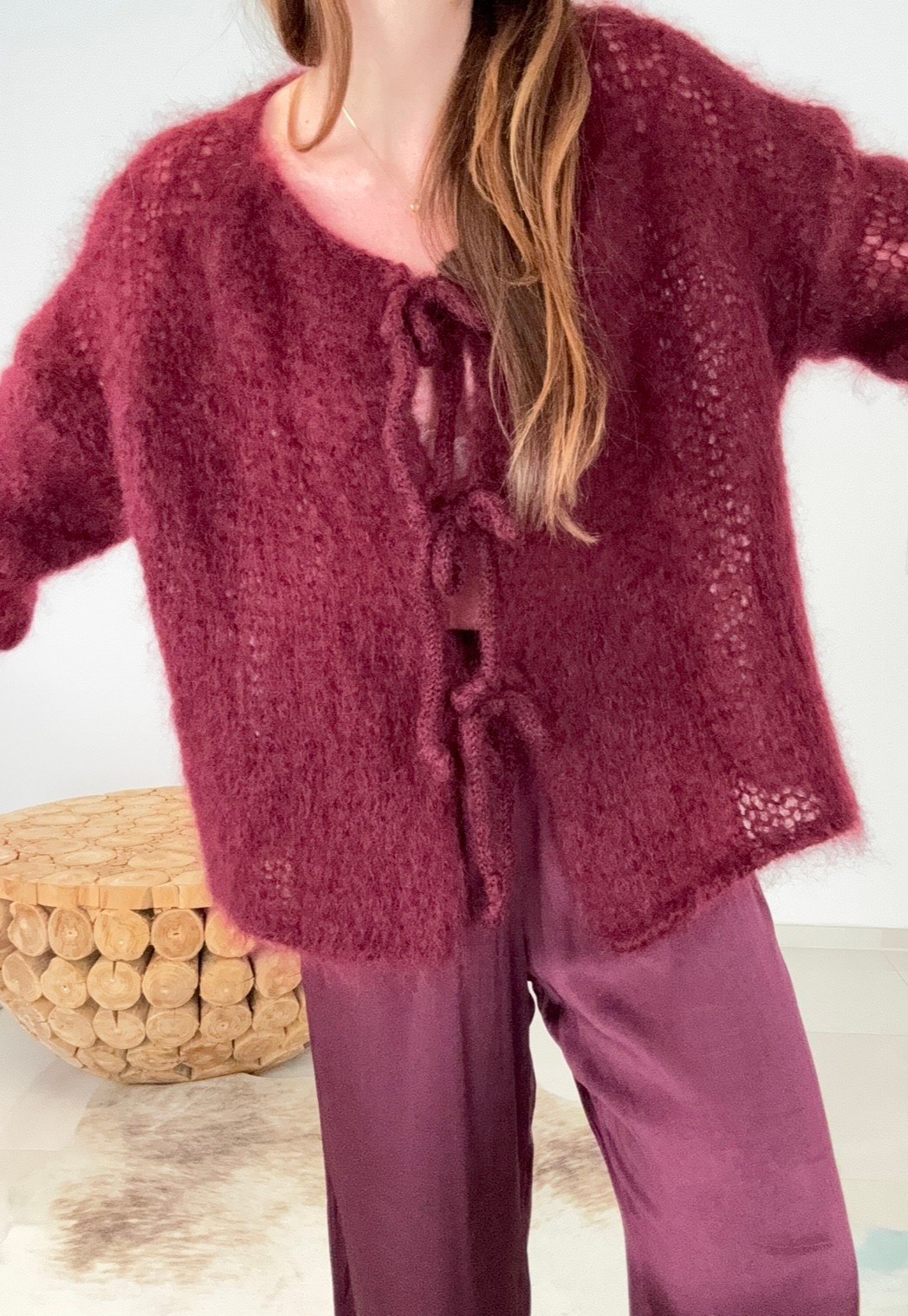 Mohair Cardigan mit Schleifen - Burgunder