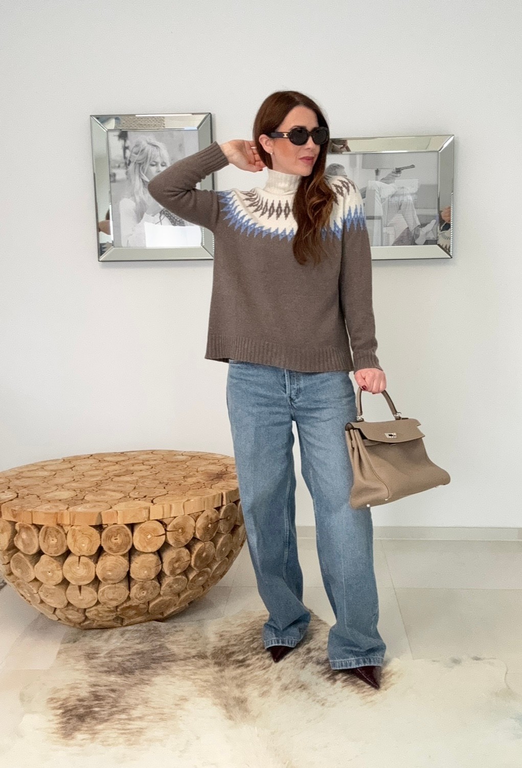 Rollkragenpullover mit Print - Taupe