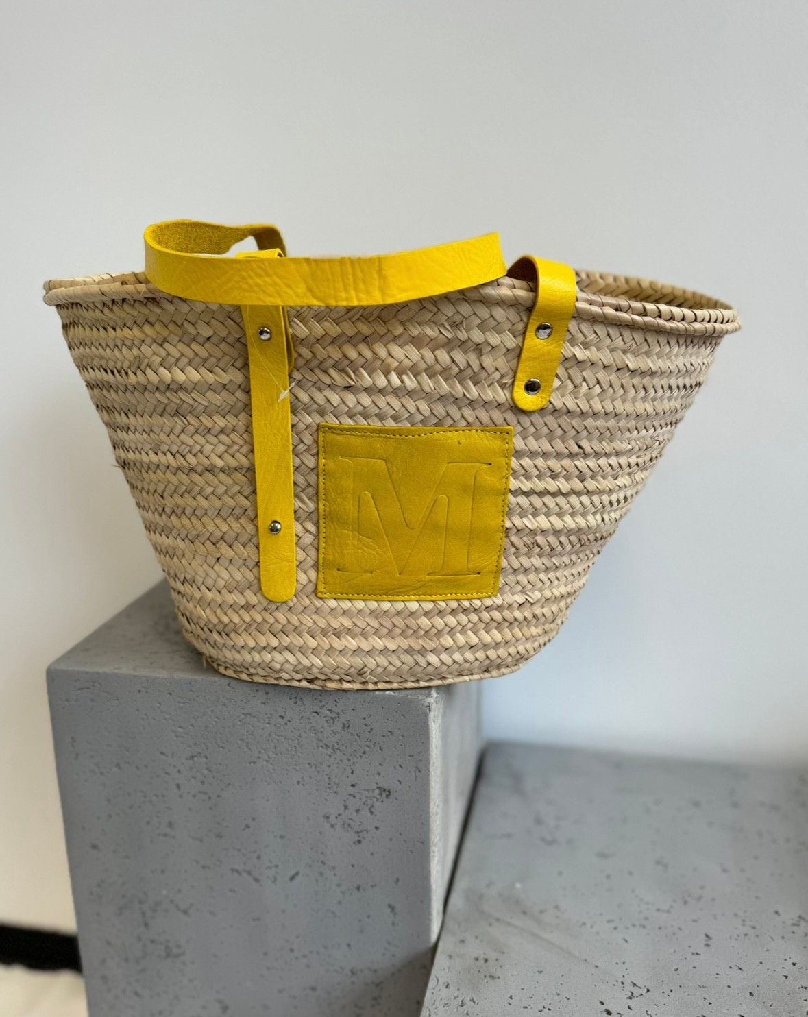 Große Korbtasche mit Leder - Gelb