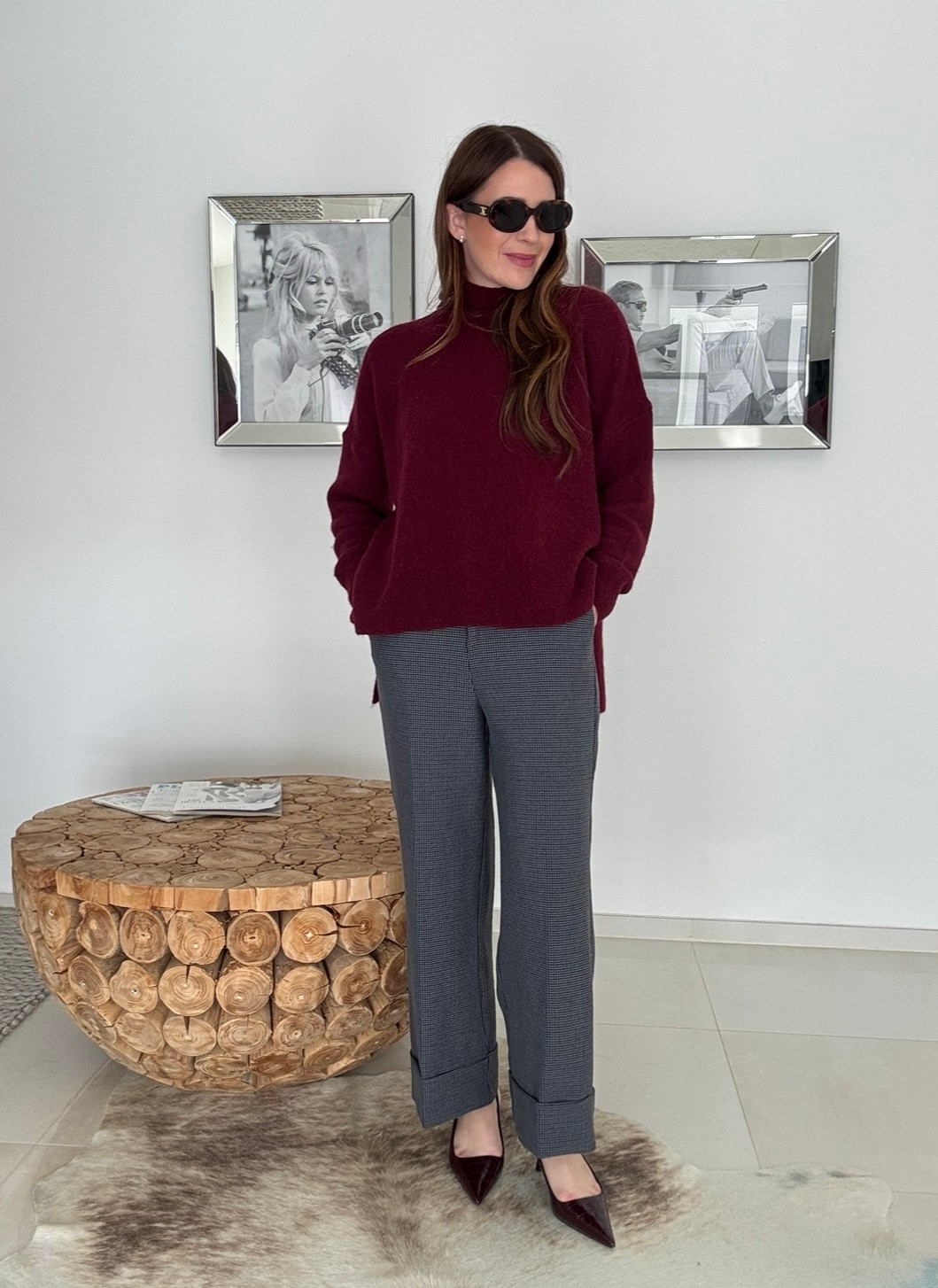 Gerade geschnittene Hose mit Hahnentrittmuster und Saum