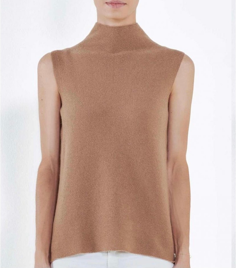 Ärmelloser Krausstrick-Pullover Kaschmir mit Trichterkragen