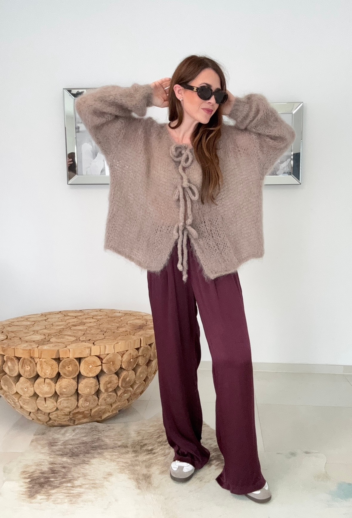 Mohair Cardigan mit Schleifen - Taupe