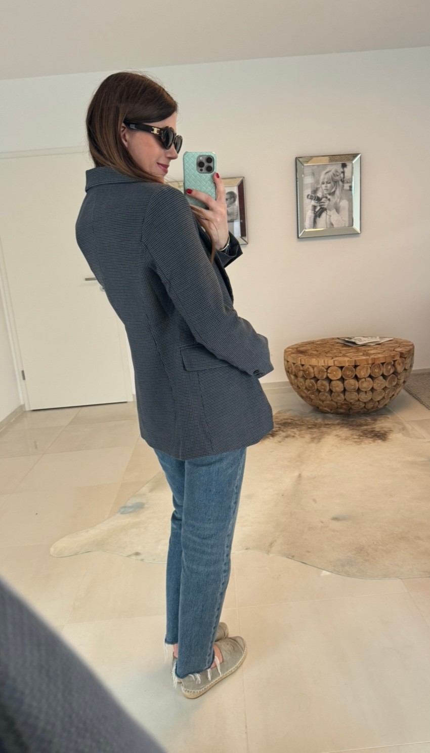 Taillierte, gerade geschnittene Blazerjacke mit Hahnentrittmuster