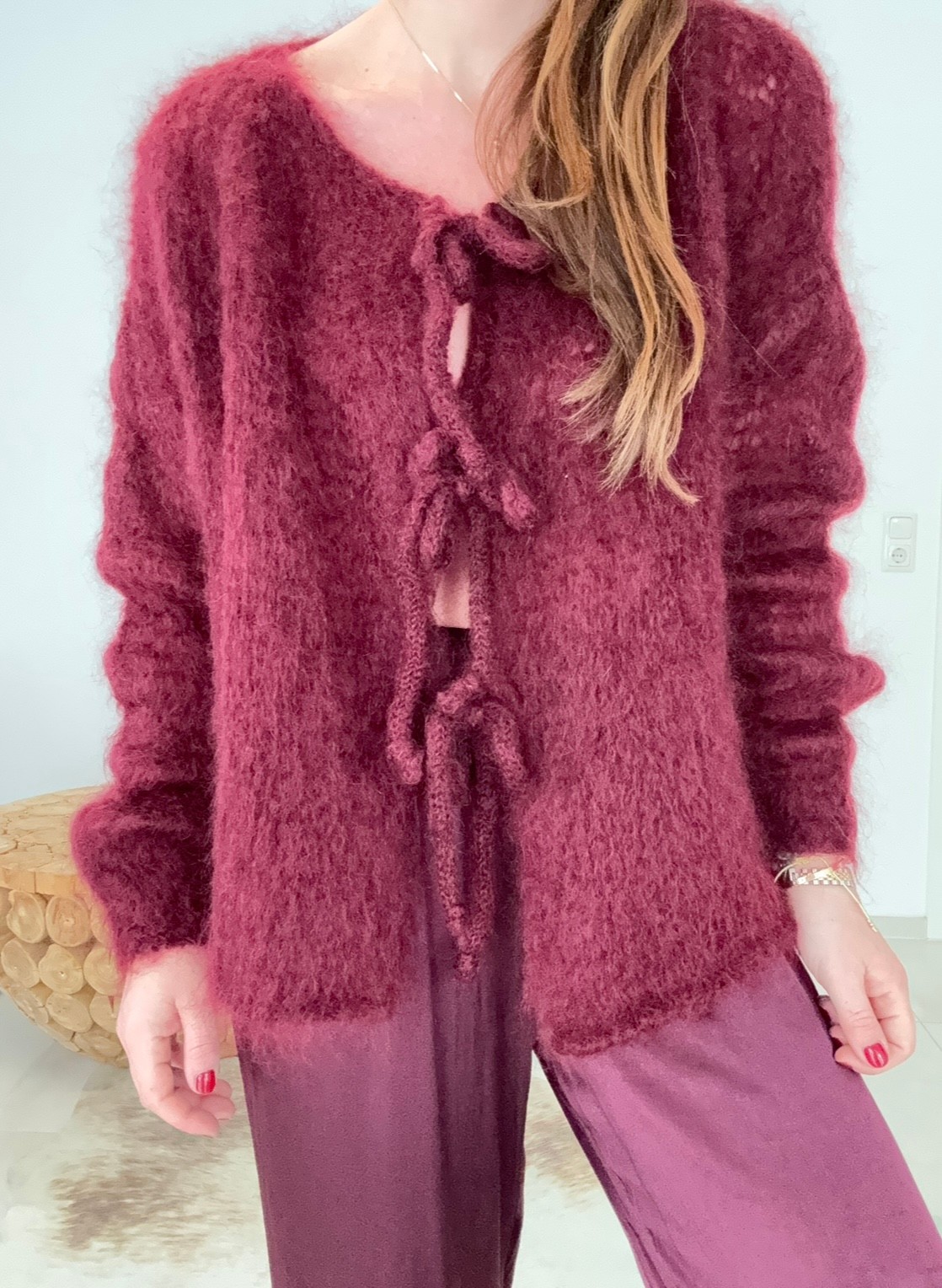 Mohair Cardigan mit Schleifen - Burgunder