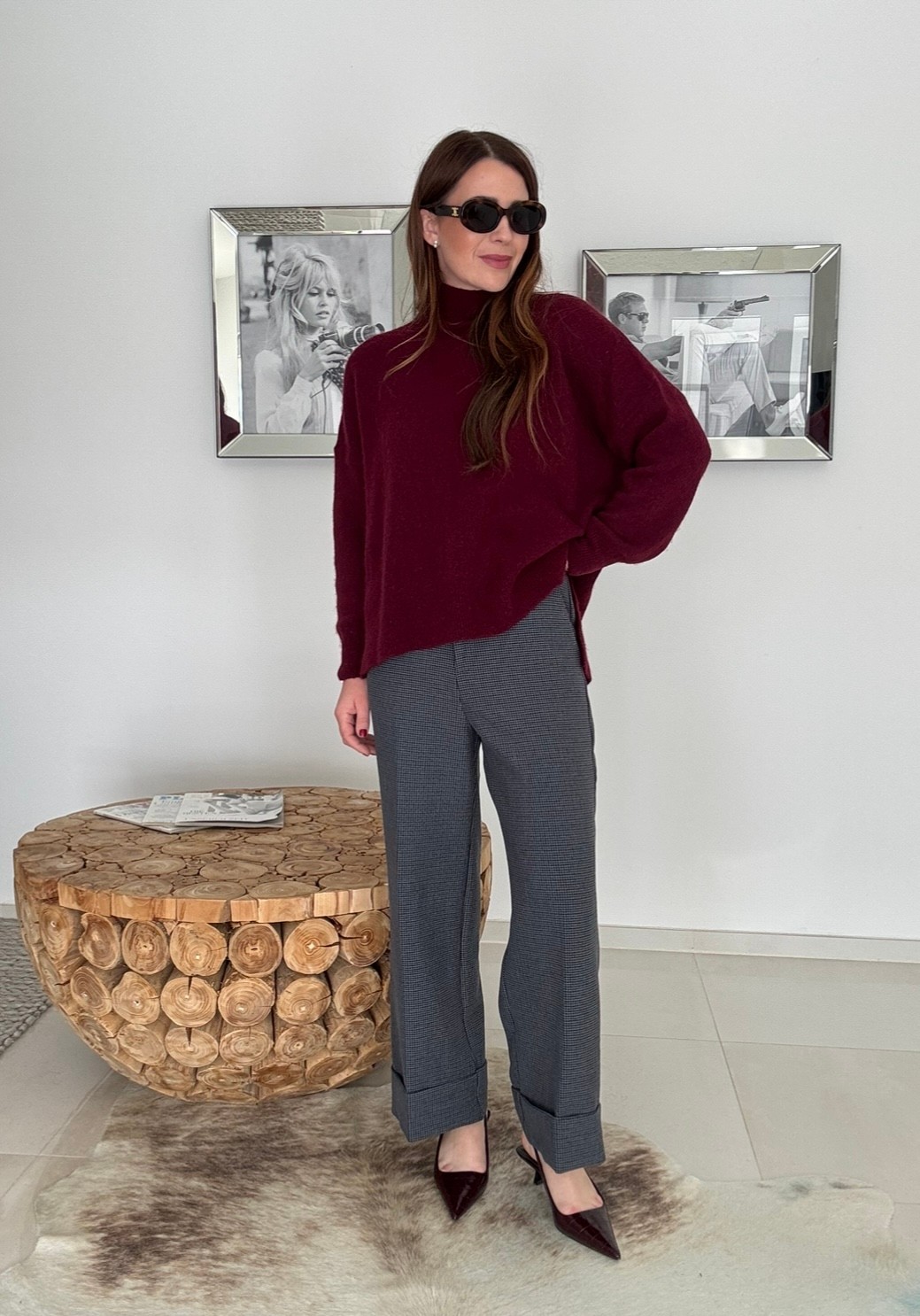 Gerade geschnittene Hose mit Hahnentrittmuster und Saum
