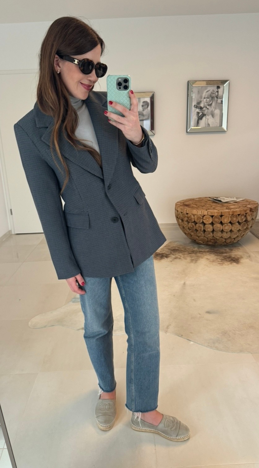 Taillierte, gerade geschnittene Blazerjacke mit Hahnentrittmuster