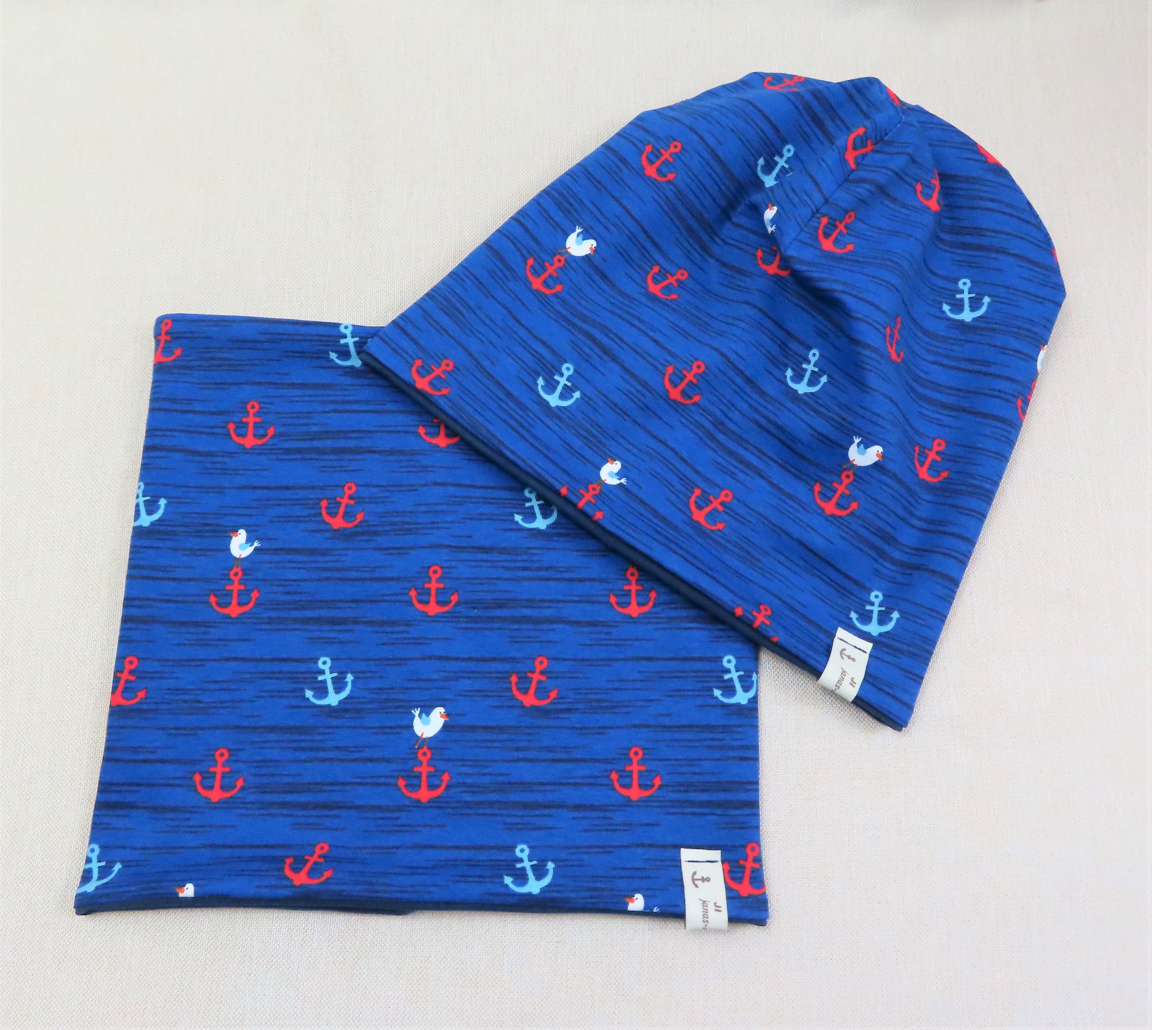 Beanie-Set, Chemomütze, Anker blau mit Möwe