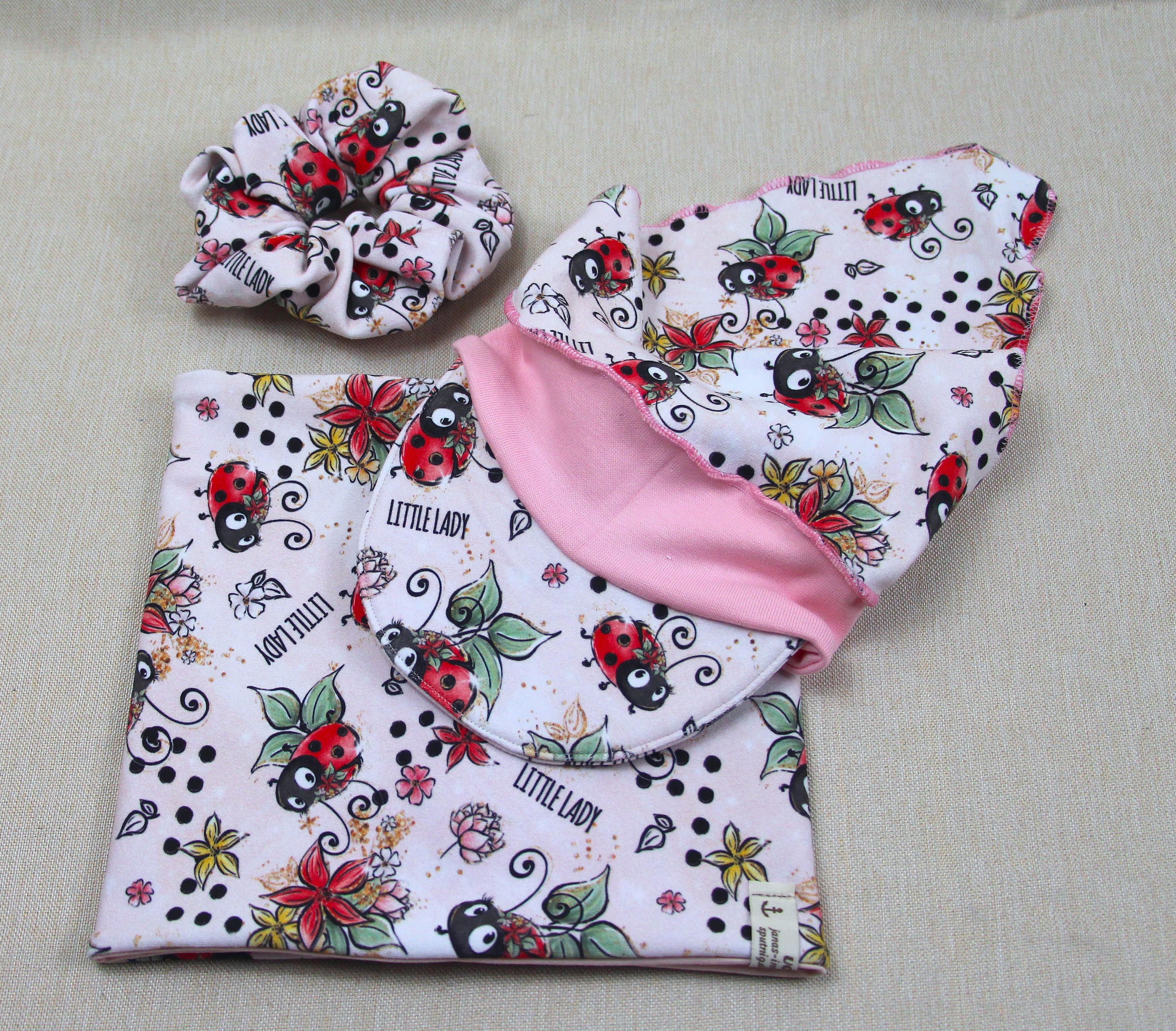 Kopftuch mit Sonnenschutz, Marienkäfer, wahlweise mit Loopschal und Scrunchie