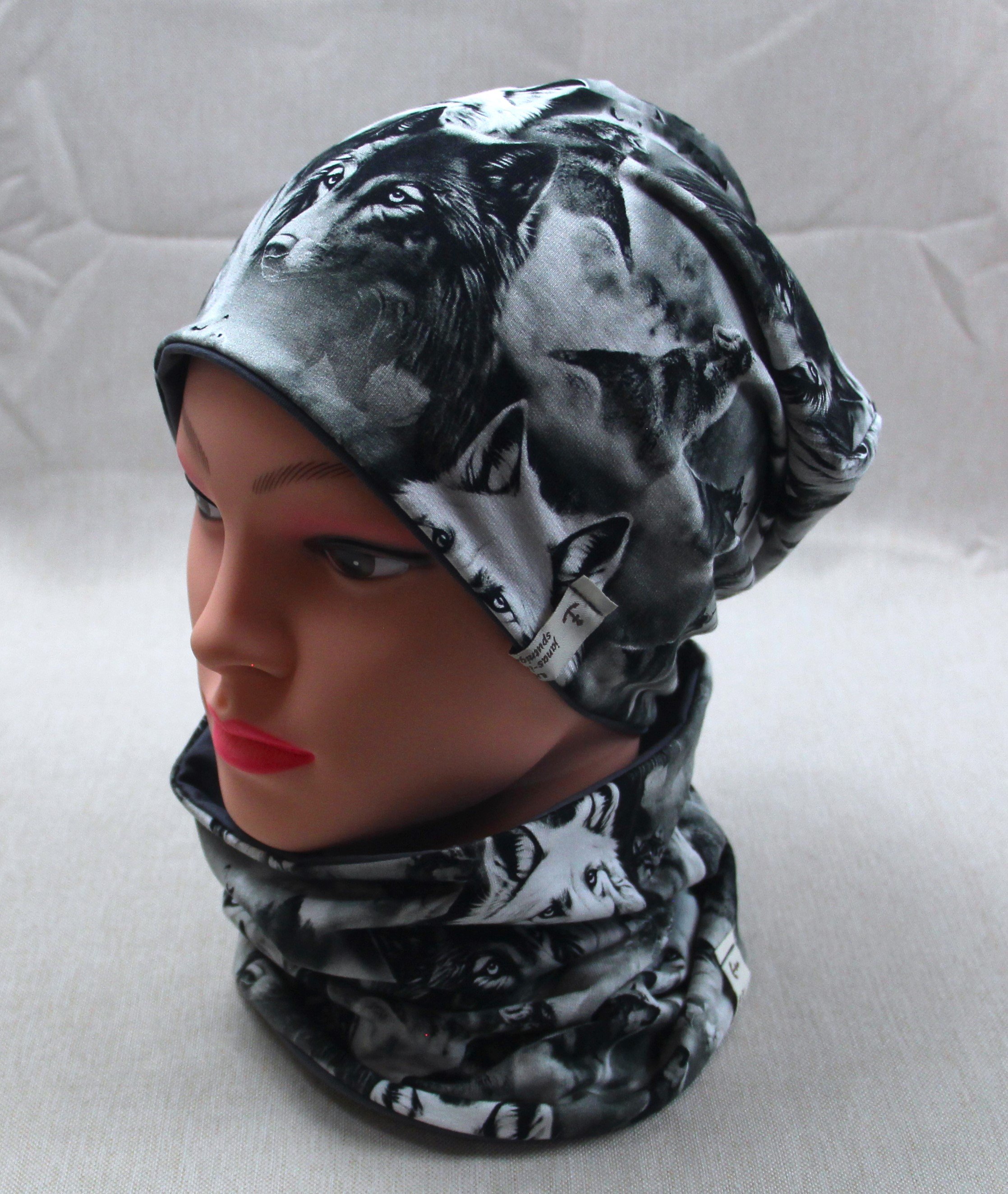 Beanie-Set, Wölfe, schwarz-weiß