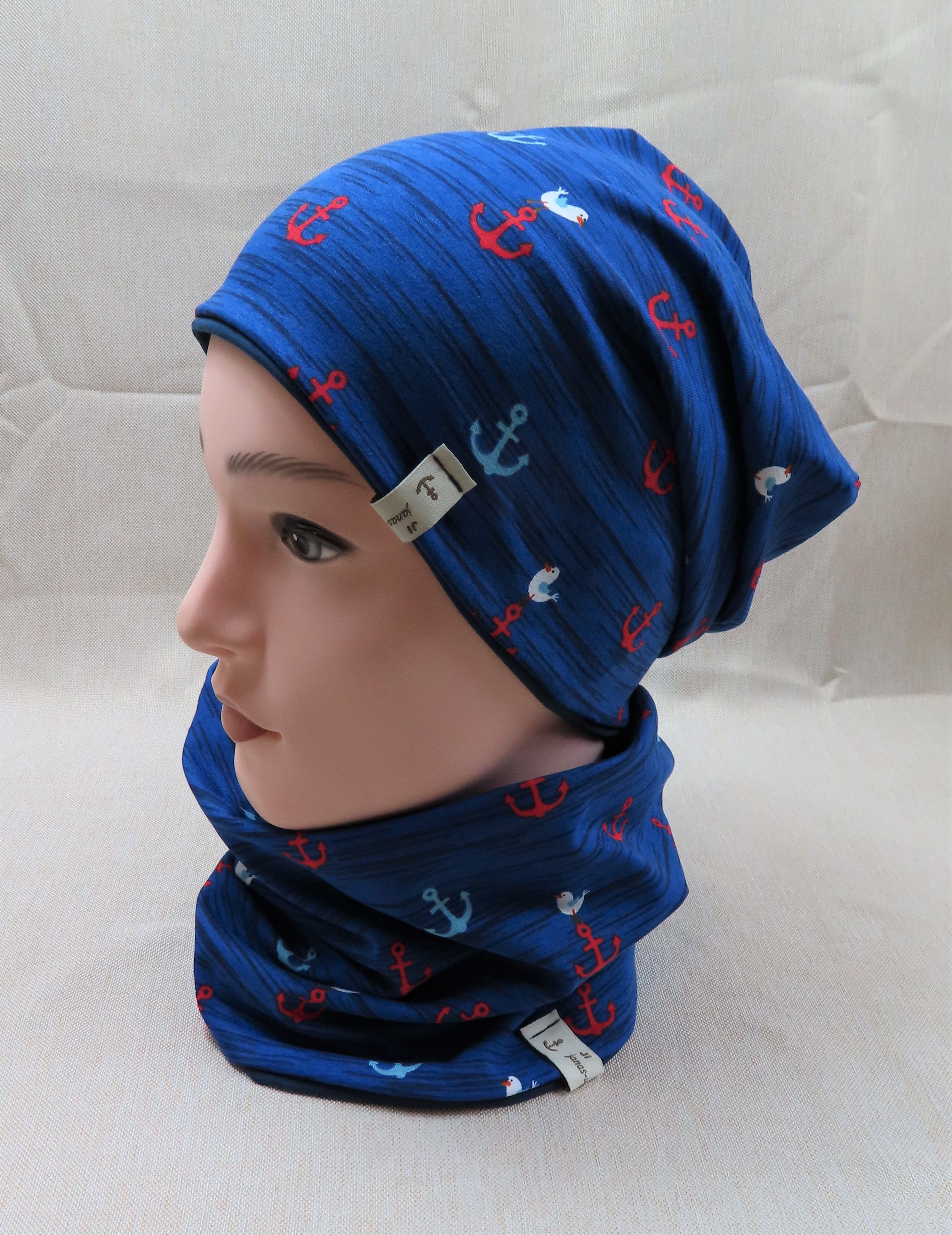 Beanie-Set, Chemomütze, Anker blau mit Möwe
