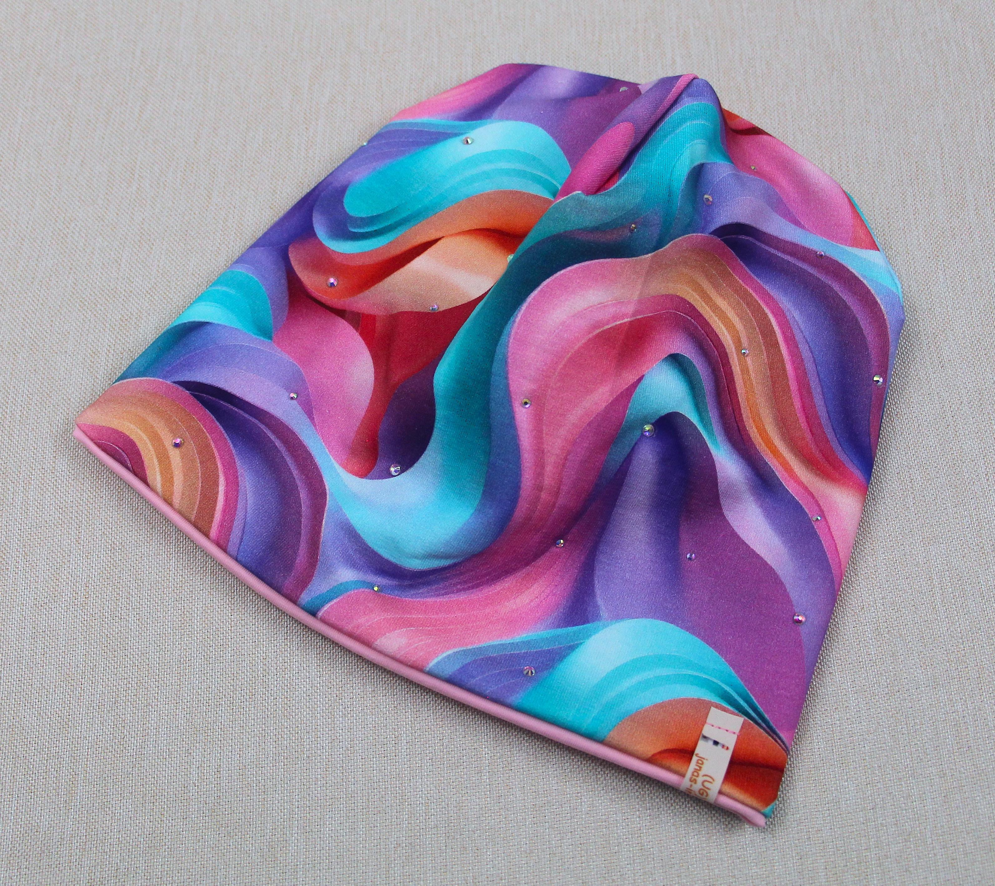 Glitzer-Beanie, Mütze, Regenbogen-Wellen
