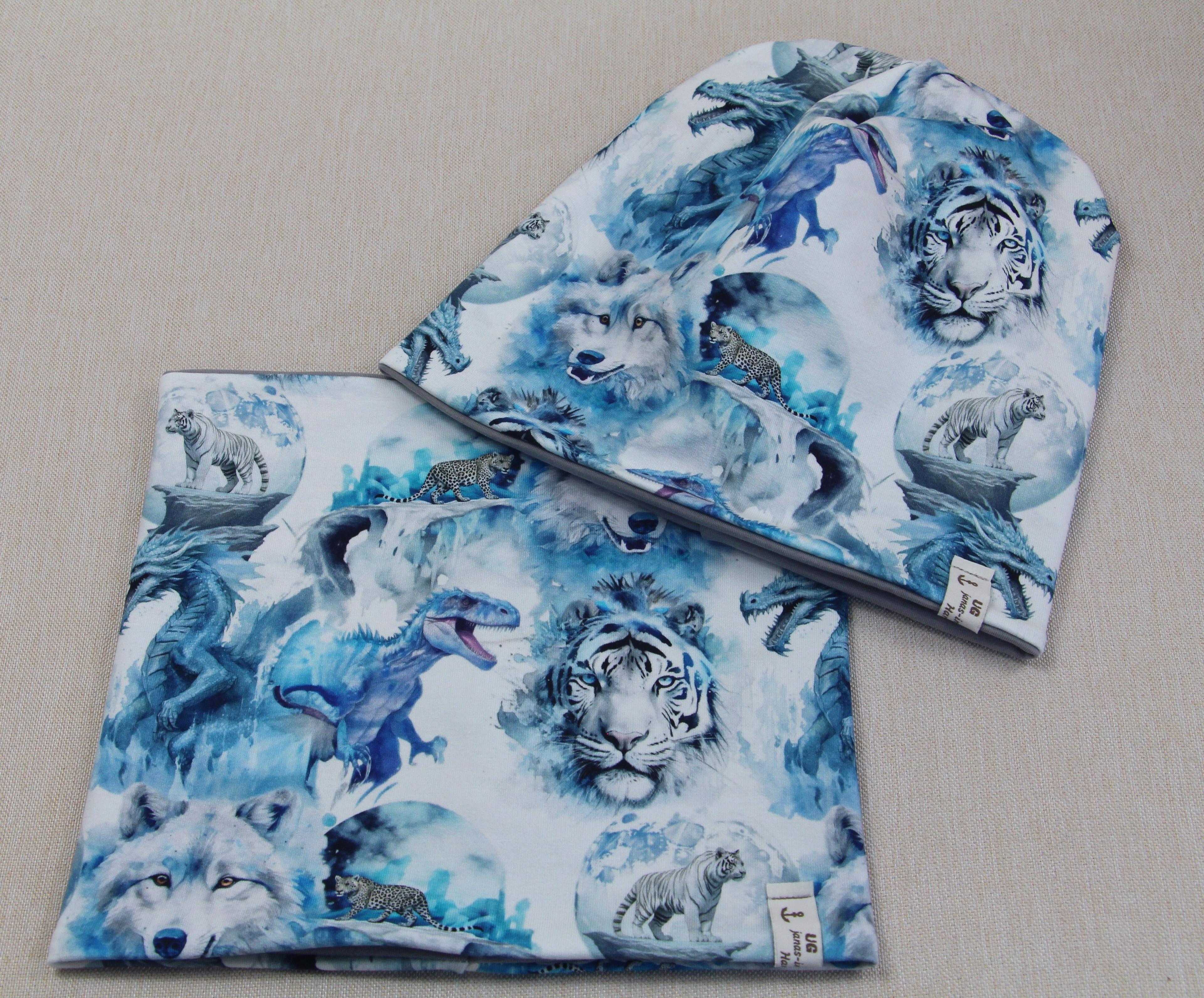 Beanie-Set, Chemomütze, Drache mit Tiger mit Gepard mit Dino mit Wolf