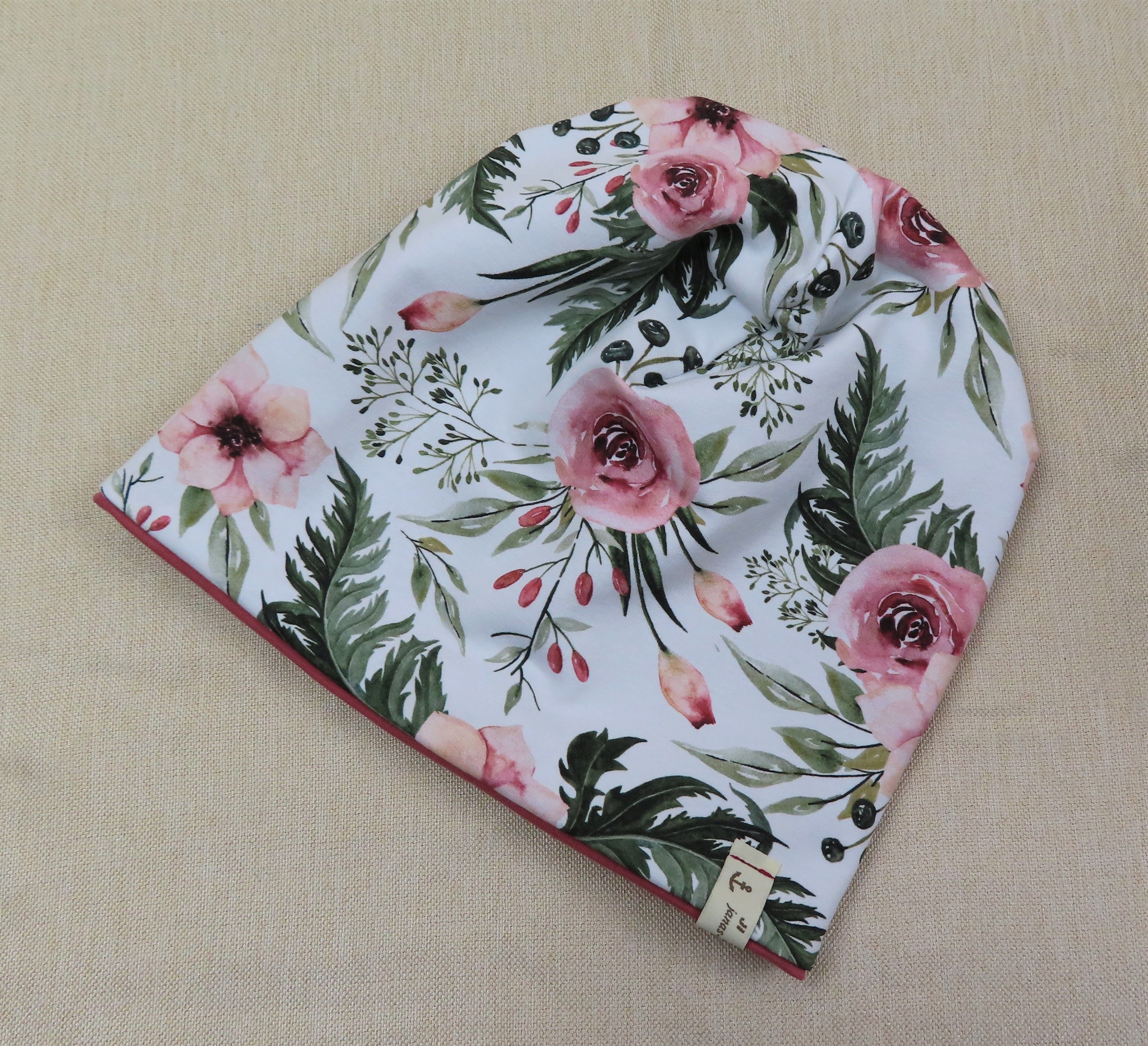 Beanie Mütze, Blumen rosa