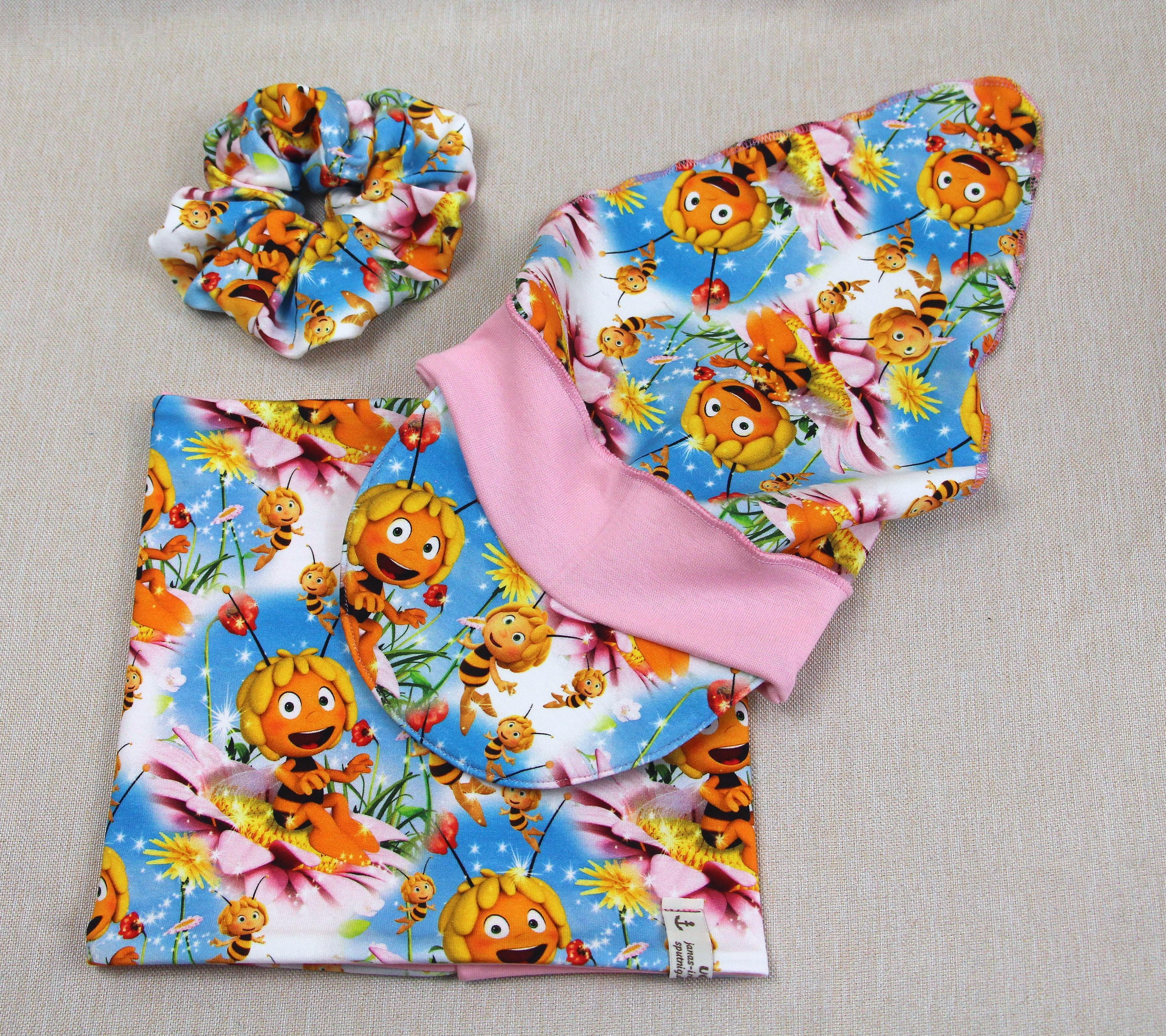 Kopftuch mit Sonnenschutz, Biene auf Sommerwiese, wahlweise mit Loopschal und Scrunchie
